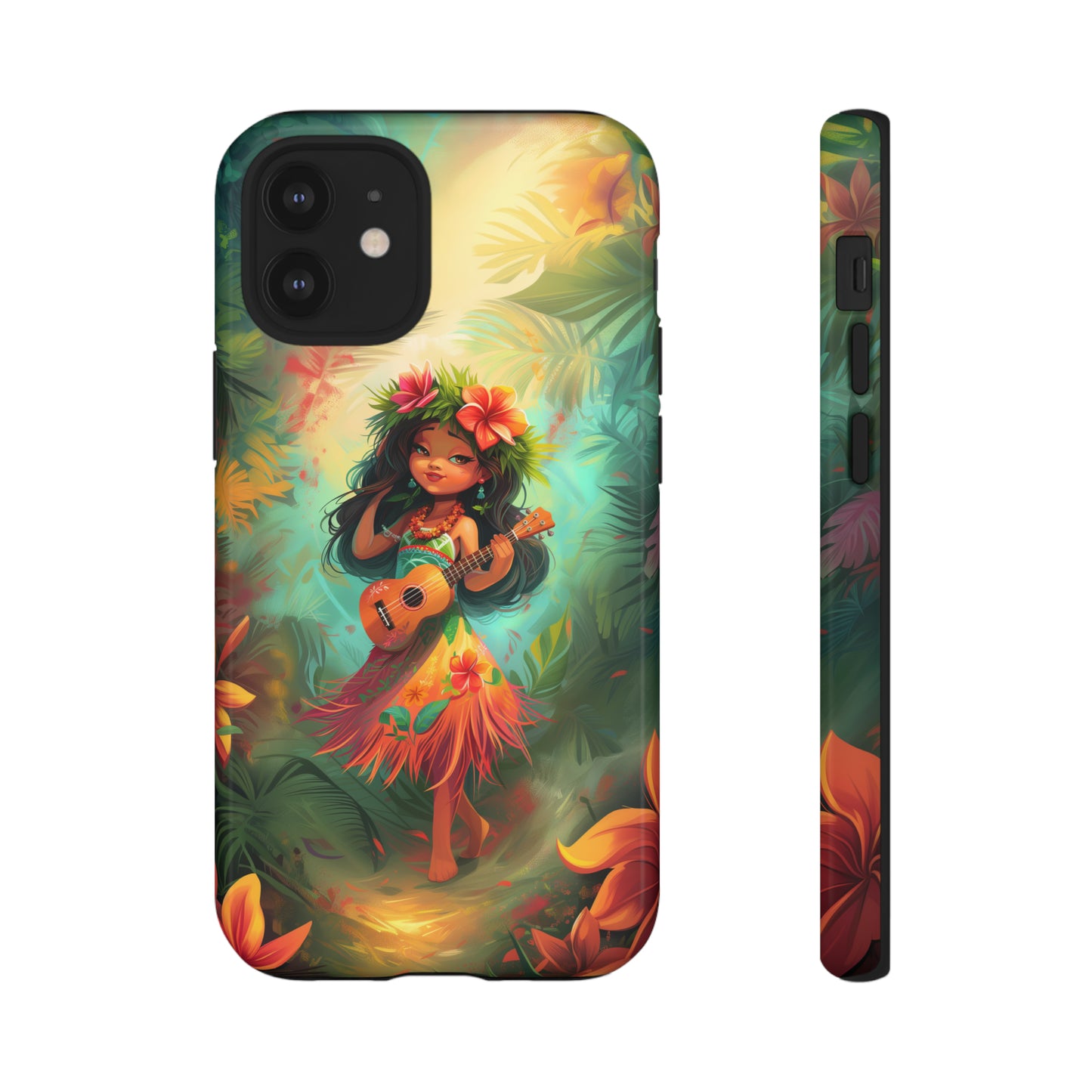 Cute Hula Girl Ukulele Hawaiian Phone Case, Tropical, Hibiscus, Wireless Compatible, Protective Cell Phone Case for iPhone, Samsung, Pixel