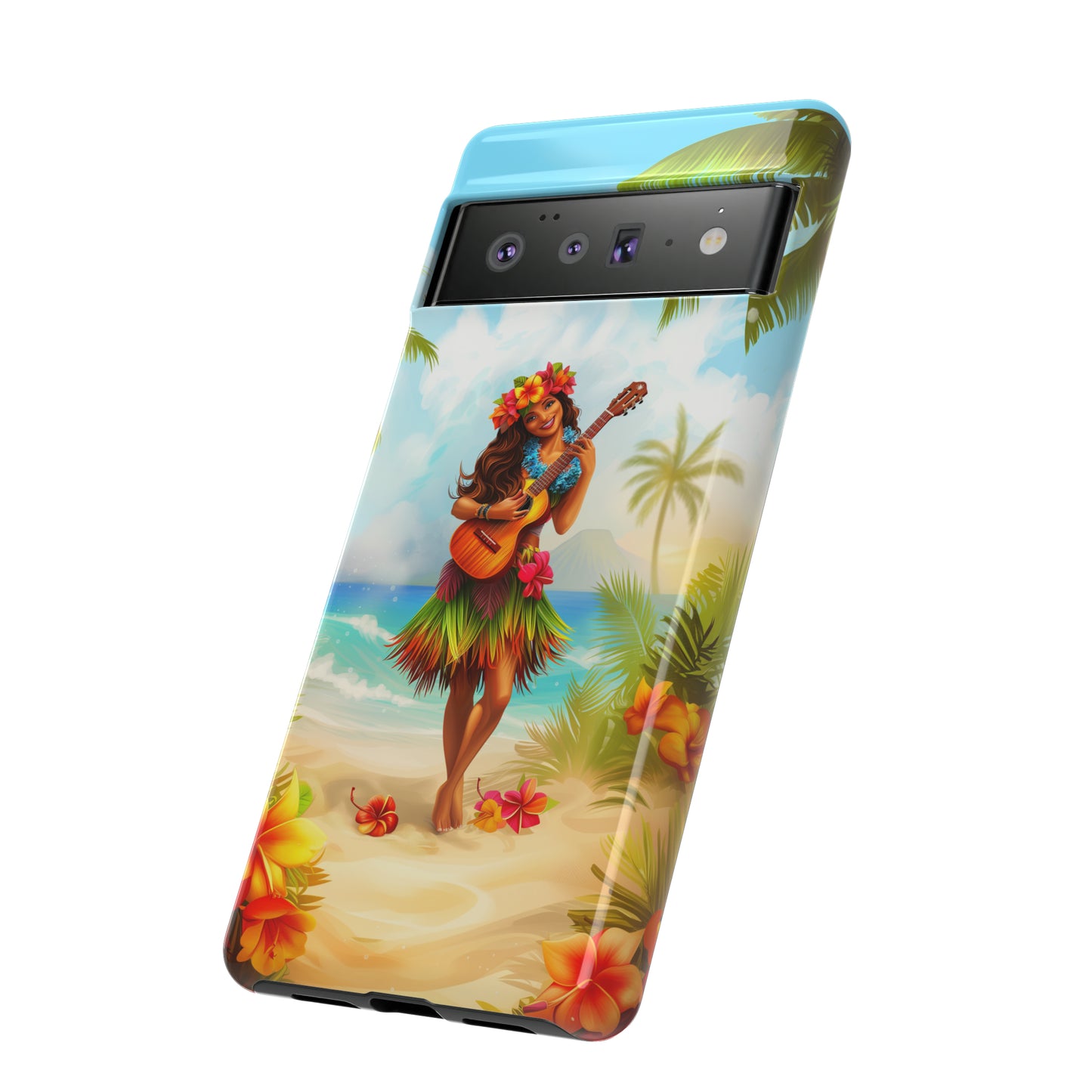 Hula Girl Guitar Hawaiian Phone Case, Tropical, Hibiscus, Wireless Compatible, Protective Cell Phone Case for iPhone, Samsung, Pixel phones