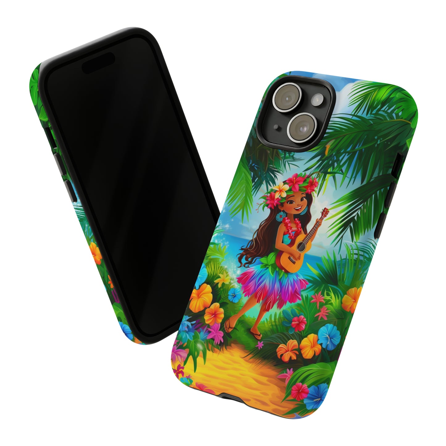 Hula Girl Ukulele Hawaiian Phone Case, Tropical, Hibiscus, Wireless Compatible, Protective Cell Phone Case for iPhone, Samsung, Pixel phones