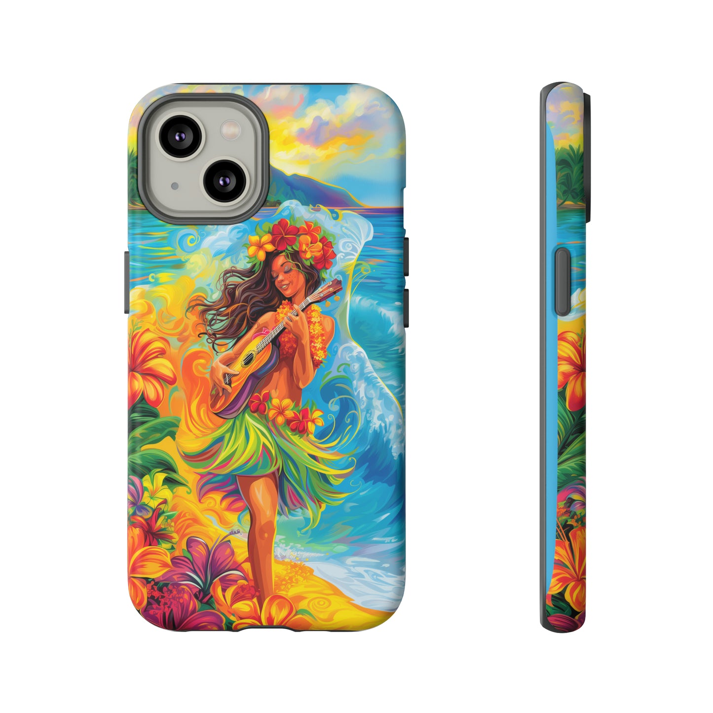 Ukulele Hula Girl Hawaiian Phone Case, Tropical, Hibiscus, Wireless Compatible, Protective Cell Phone Case for iPhone, Samsung, Pixel phones