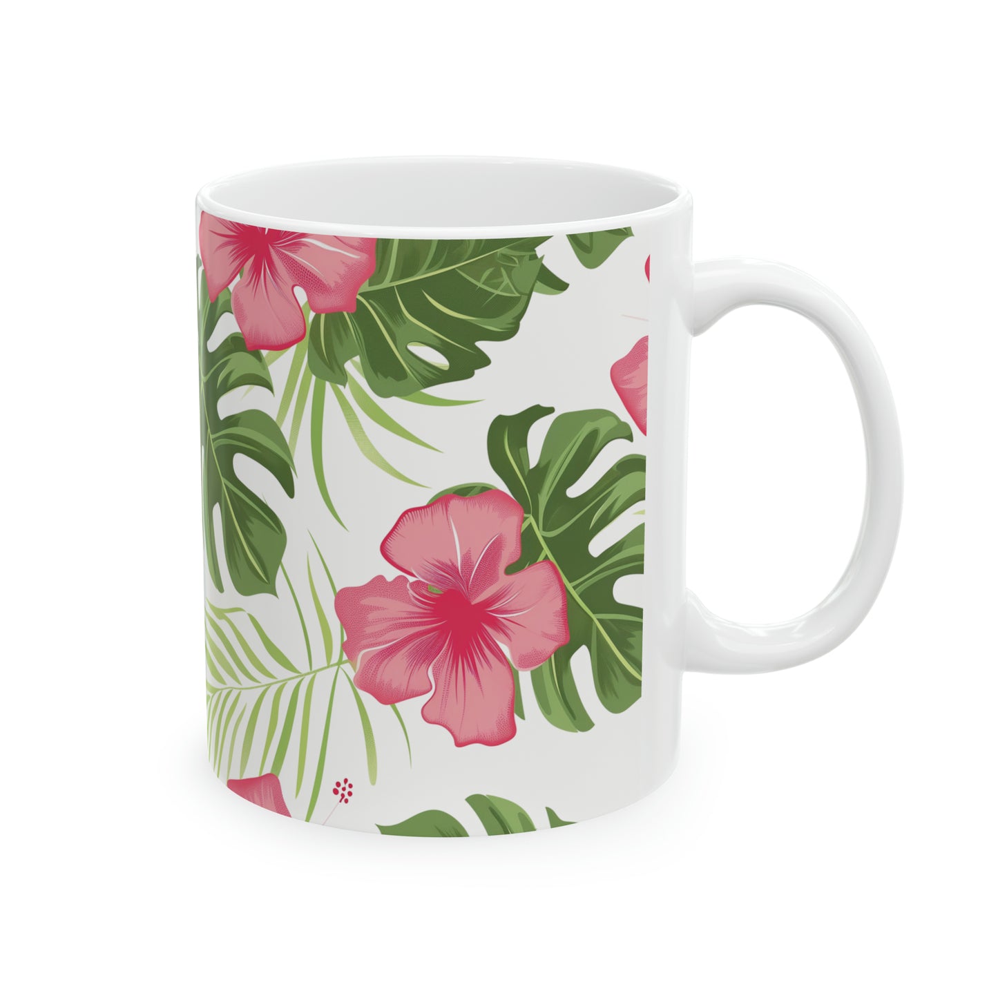 Pink Hibiscus Green Leaves Pattern Hawaiian Ceramic Mug 11oz, Hawaii Mug, HI Mug, Aloha Mug, 808 Mug, Island Mug, Tropical Mug, Coffee Mug