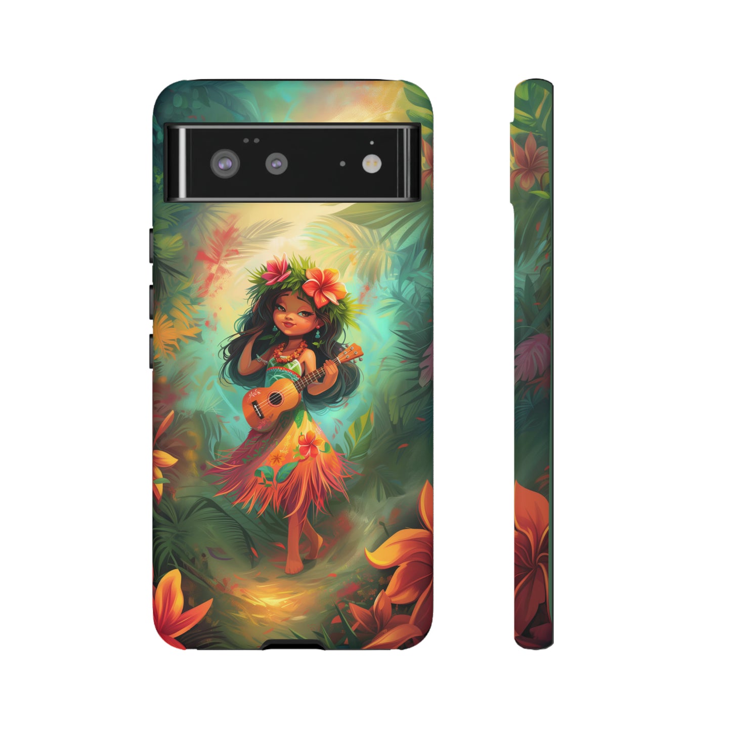 Cute Hula Girl Ukulele Hawaiian Phone Case, Tropical, Hibiscus, Wireless Compatible, Protective Cell Phone Case for iPhone, Samsung, Pixel