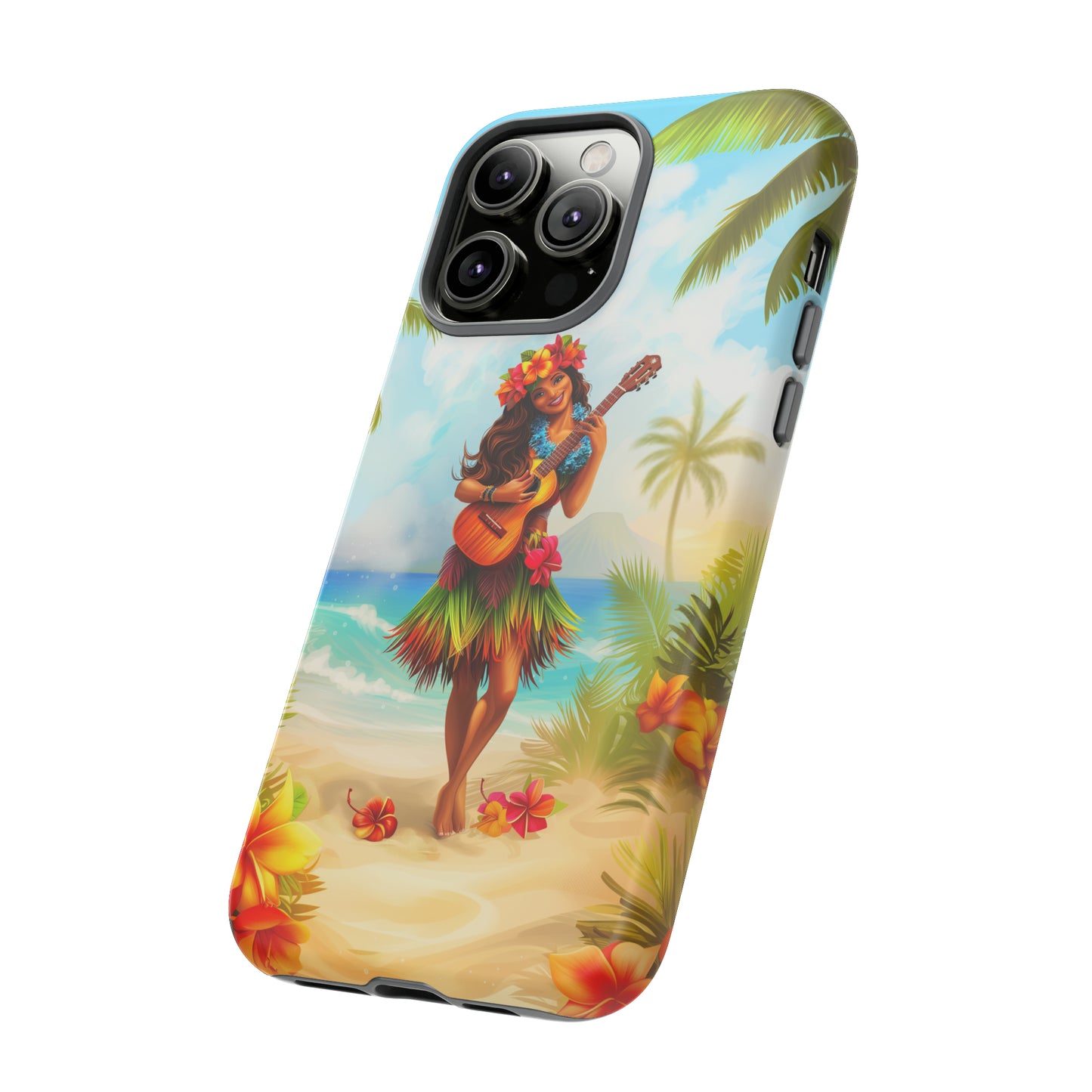 Hula Girl Guitar Hawaiian Phone Case, Tropical, Hibiscus, Wireless Compatible, Protective Cell Phone Case for iPhone, Samsung, Pixel phones