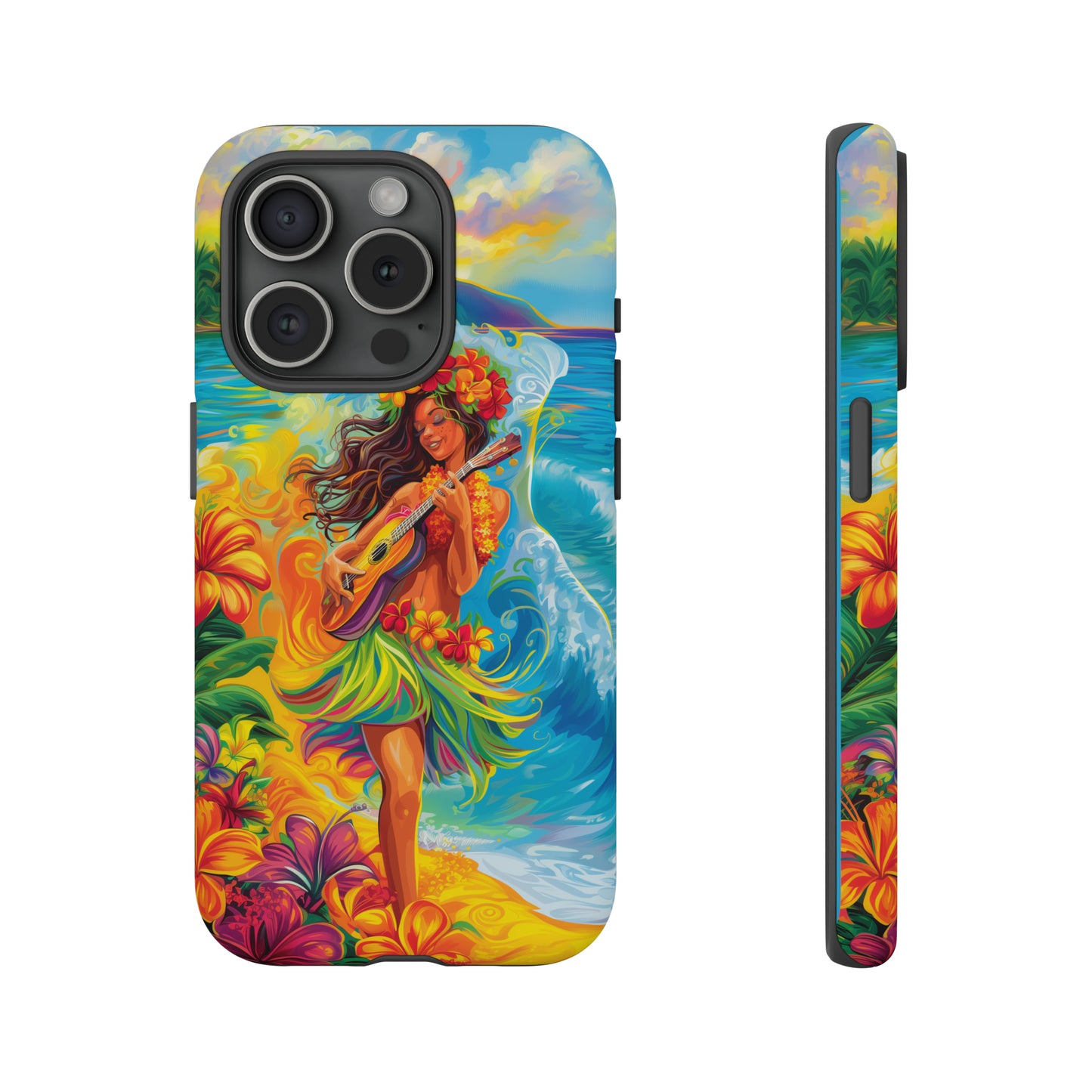 Ukulele Hula Girl Hawaiian Phone Case, Tropical, Hibiscus, Wireless Compatible, Protective Cell Phone Case for iPhone, Samsung, Pixel phones