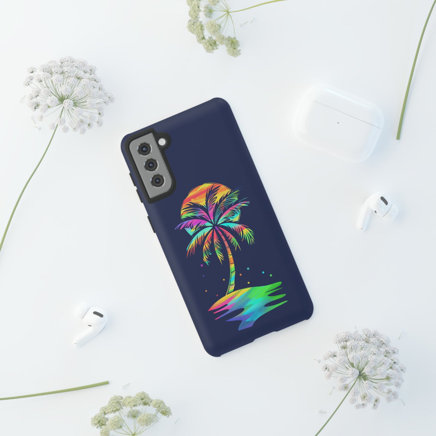 Night Palm Tree Hawaiian Phone Case, Tropical, Hibiscus, Wireless Compatible, Protective Cell Phone Case for iPhone, Samsung, Pixel phones