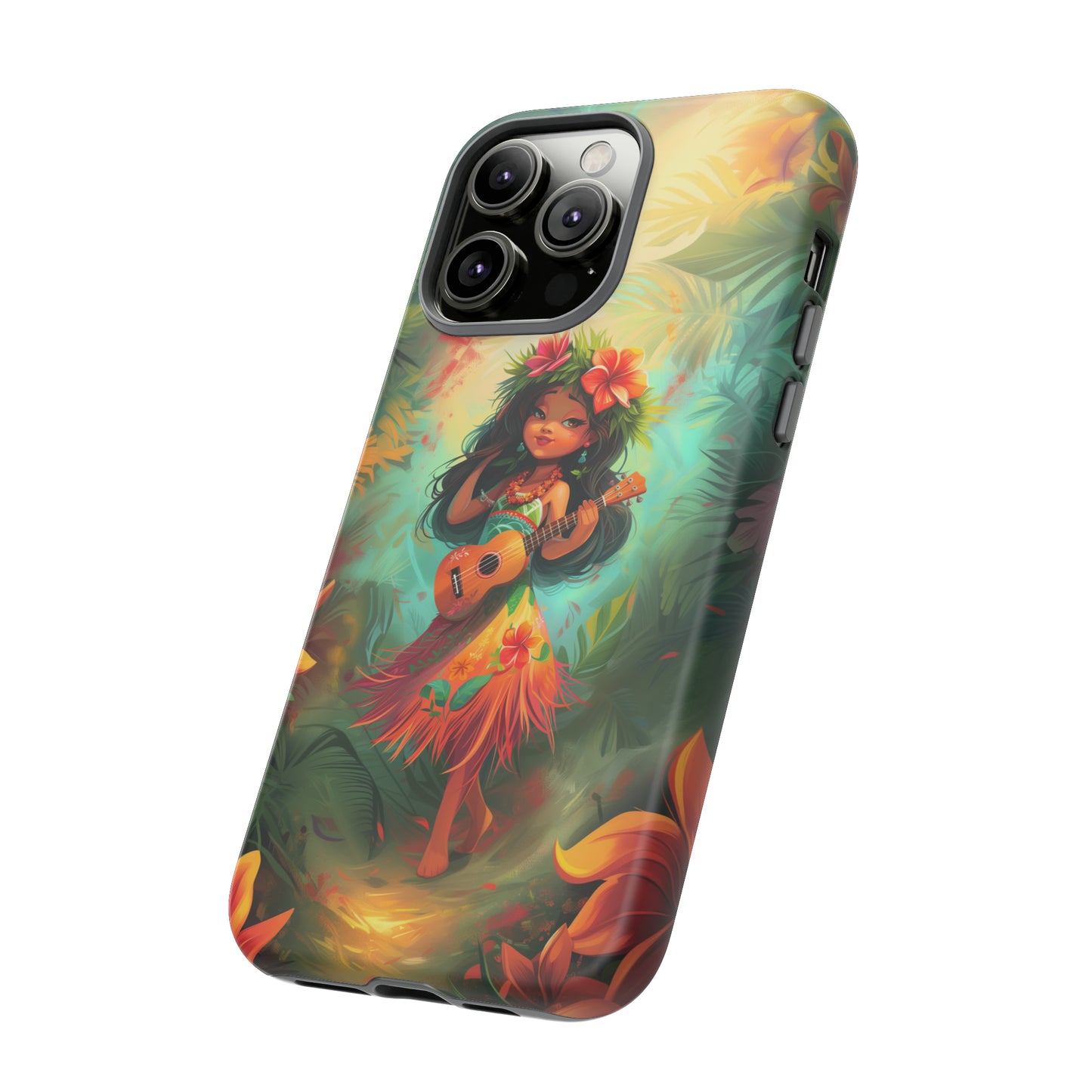 Cute Hula Girl Ukulele Hawaiian Phone Case, Tropical, Hibiscus, Wireless Compatible, Protective Cell Phone Case for iPhone, Samsung, Pixel