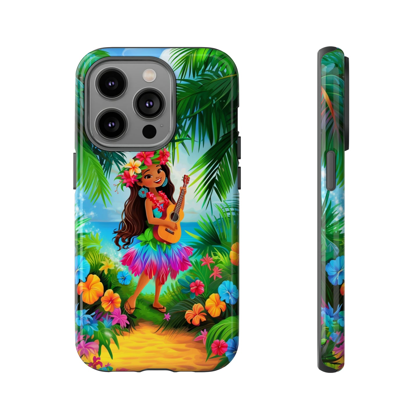 Hula Girl Ukulele Hawaiian Phone Case, Tropical, Hibiscus, Wireless Compatible, Protective Cell Phone Case for iPhone, Samsung, Pixel phones
