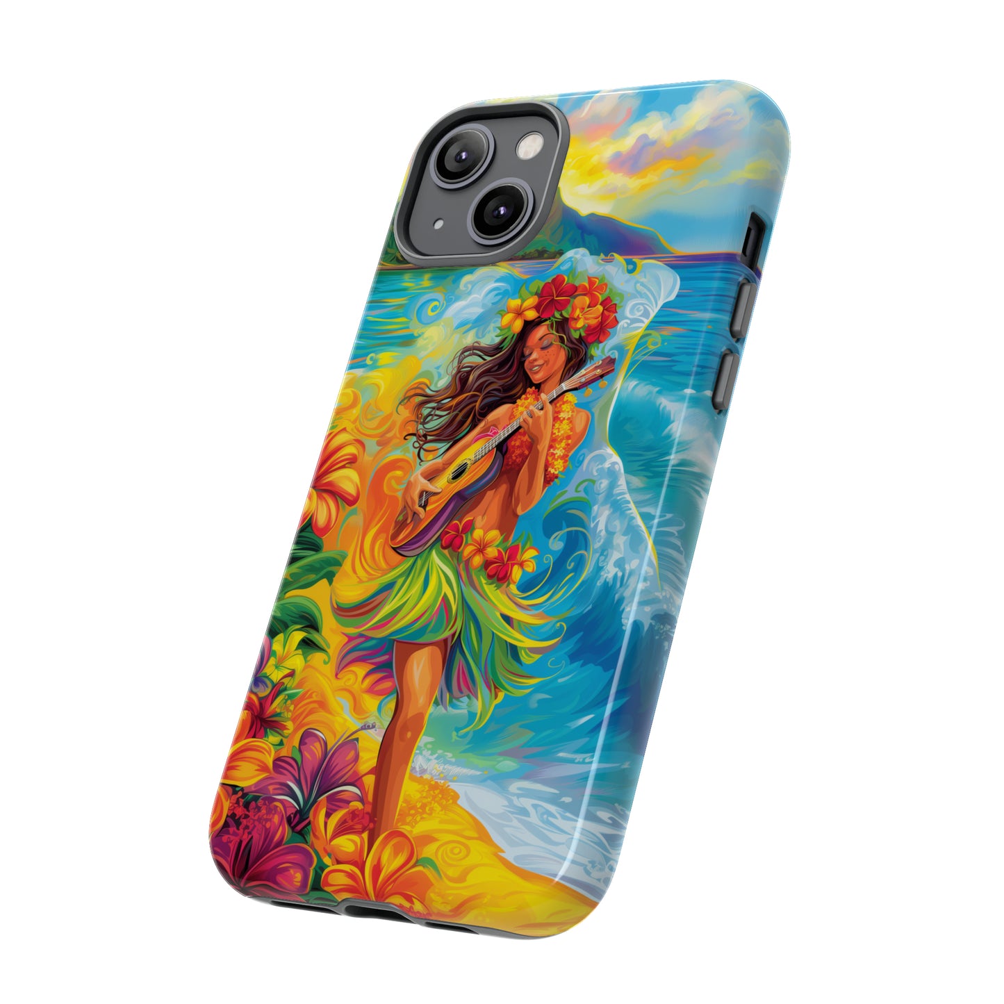 Ukulele Hula Girl Hawaiian Phone Case, Tropical, Hibiscus, Wireless Compatible, Protective Cell Phone Case for iPhone, Samsung, Pixel phones