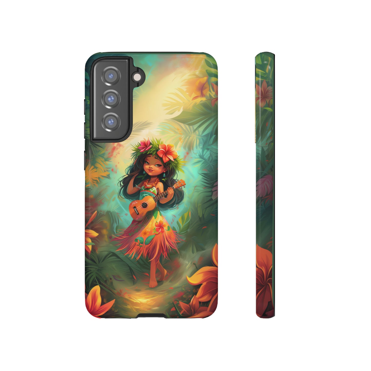 Cute Hula Girl Ukulele Hawaiian Phone Case, Tropical, Hibiscus, Wireless Compatible, Protective Cell Phone Case for iPhone, Samsung, Pixel