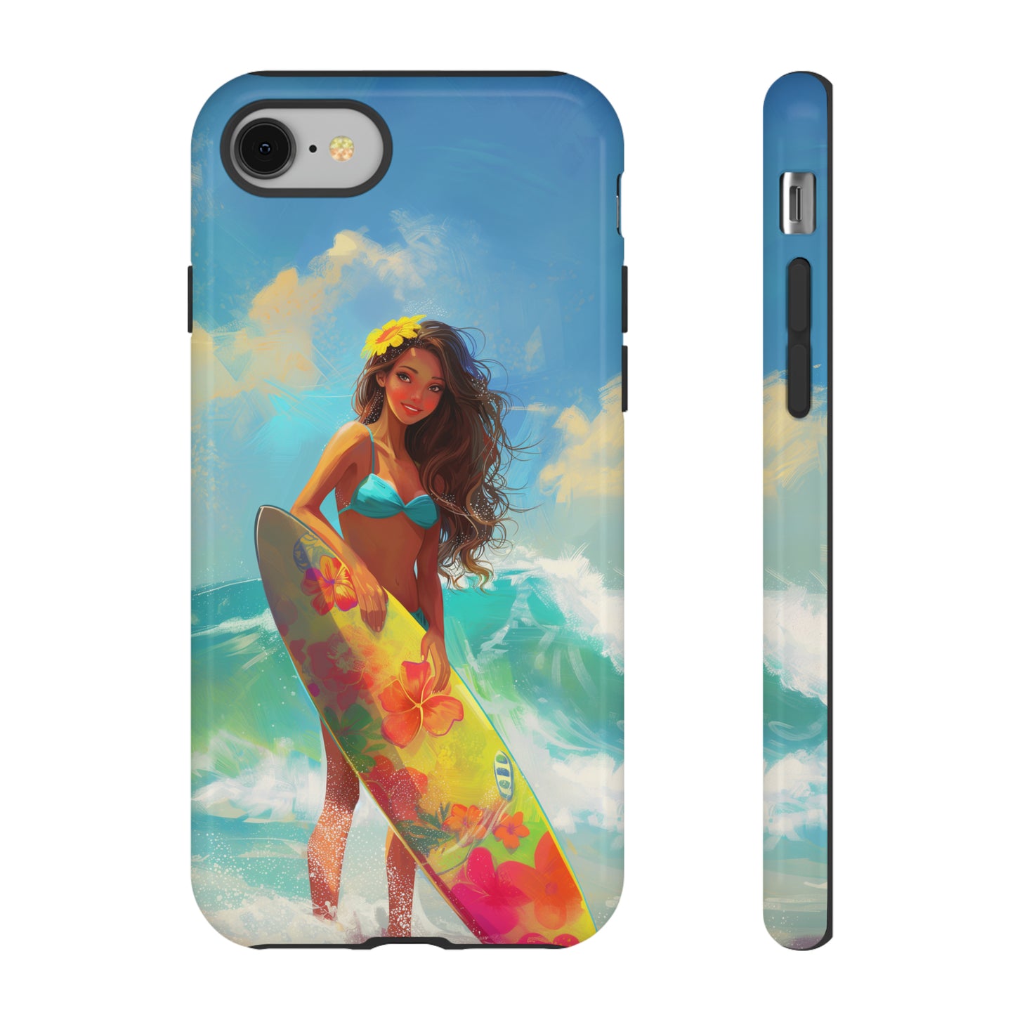 Surfer Girl Hawaiian Phone Case, Tropical, Hibiscus, Wireless Compatible, Protective Cell Phone Case for iPhone, Samsung, Pixel phones