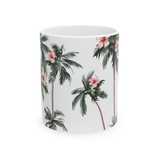 Hawaiian Palm Trees, Hibiscus Flowers Ceramic Mug 11oz, Hawaii Coffee Mug, HI, Aloha 808, Island Mug, Tropical Mug