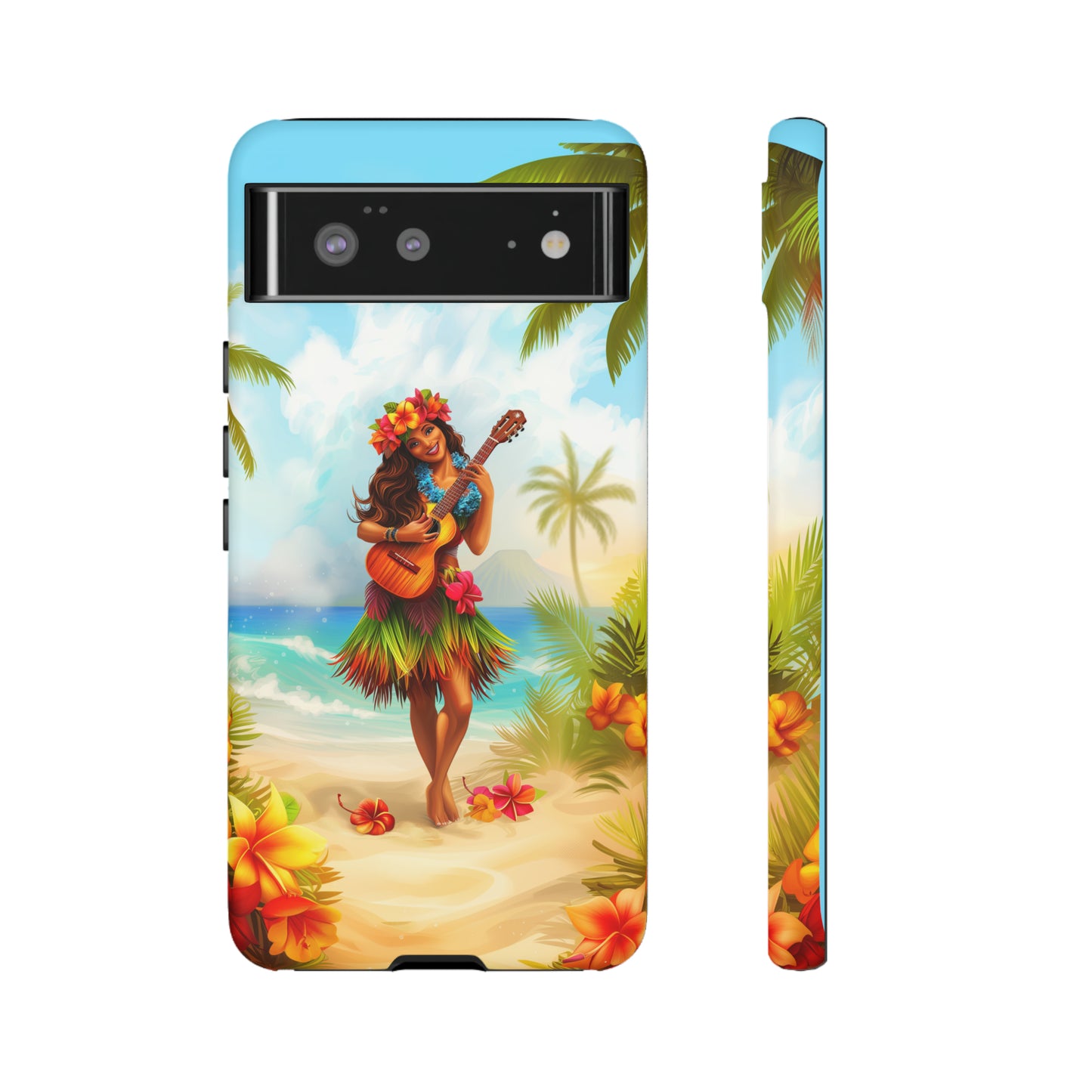 Hula Girl Guitar Hawaiian Phone Case, Tropical, Hibiscus, Wireless Compatible, Protective Cell Phone Case for iPhone, Samsung, Pixel phones