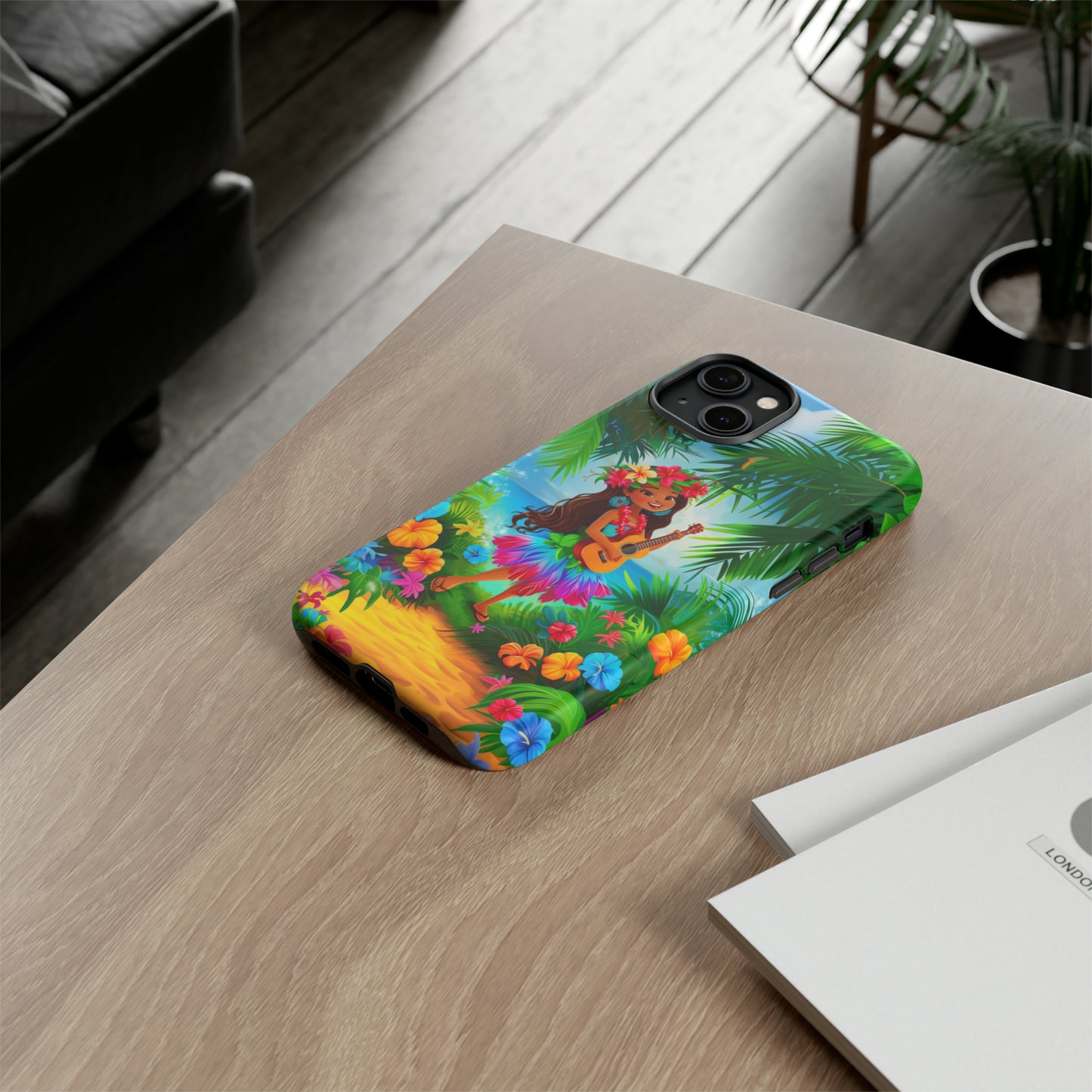 Hula Girl Ukulele Hawaiian Phone Case, Tropical, Hibiscus, Wireless Compatible, Protective Cell Phone Case for iPhone, Samsung, Pixel phones