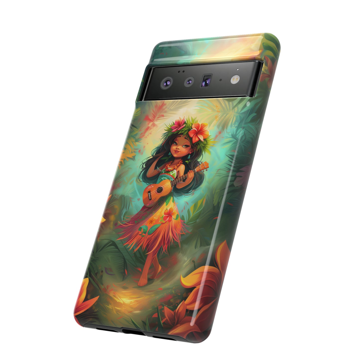 Cute Hula Girl Ukulele Hawaiian Phone Case, Tropical, Hibiscus, Wireless Compatible, Protective Cell Phone Case for iPhone, Samsung, Pixel