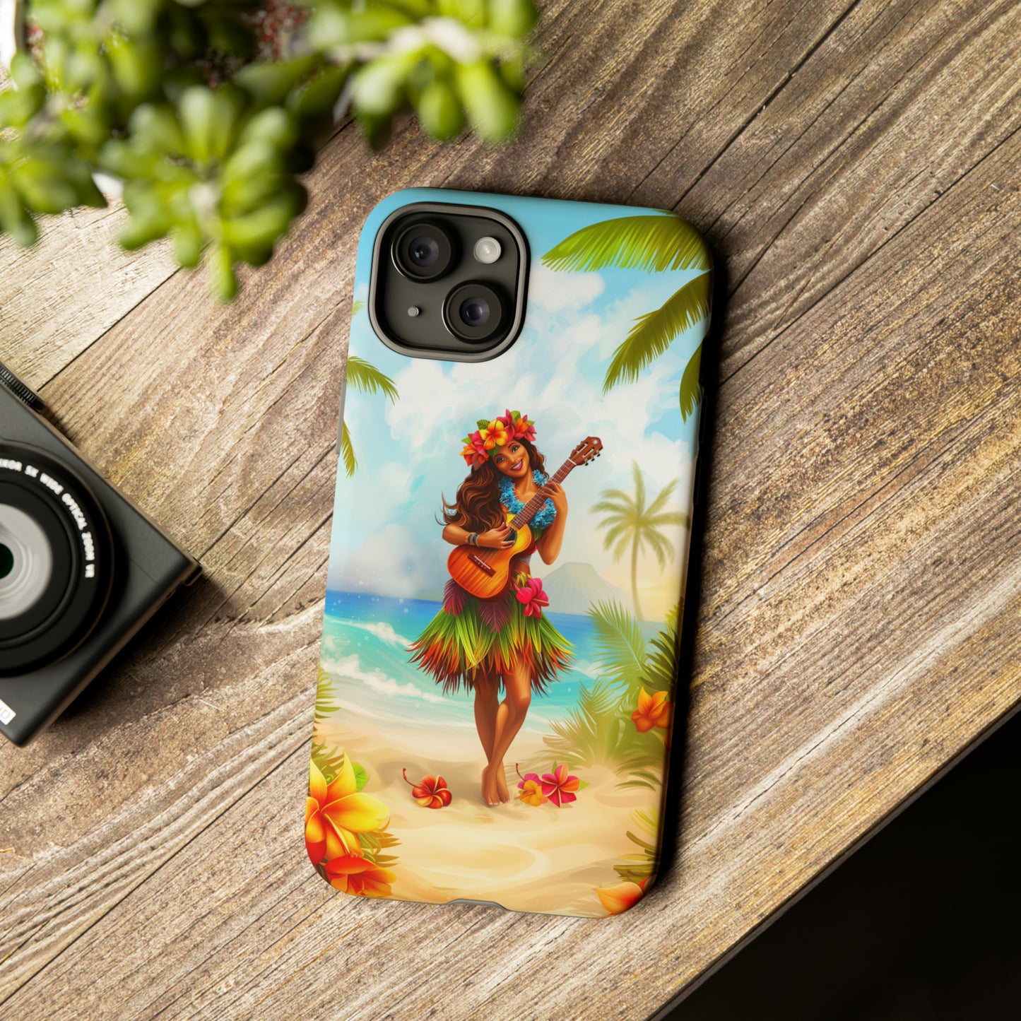 Hula Girl Guitar Hawaiian Phone Case, Tropical, Hibiscus, Wireless Compatible, Protective Cell Phone Case for iPhone, Samsung, Pixel phones