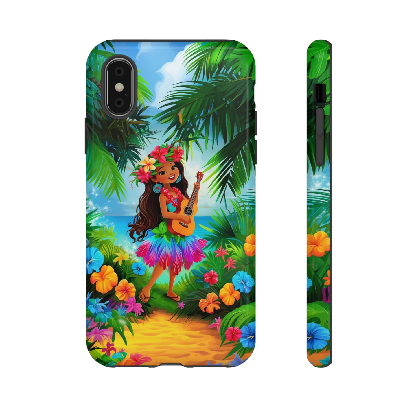 Hula Girl Ukulele Hawaiian Phone Case, Tropical, Hibiscus, Wireless Compatible, Protective Cell Phone Case for iPhone, Samsung, Pixel phones