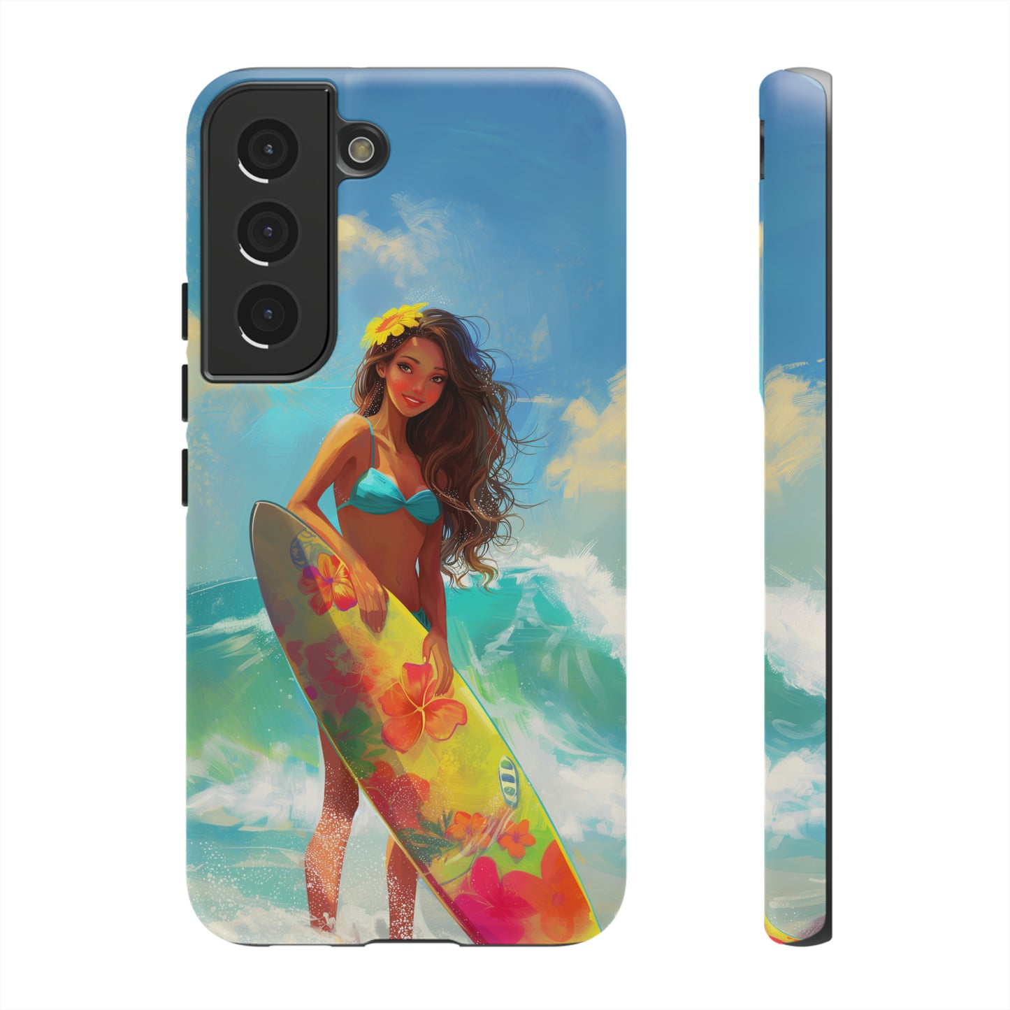 Surfer Girl Hawaiian Phone Case, Tropical, Hibiscus, Wireless Compatible, Protective Cell Phone Case for iPhone, Samsung, Pixel phones