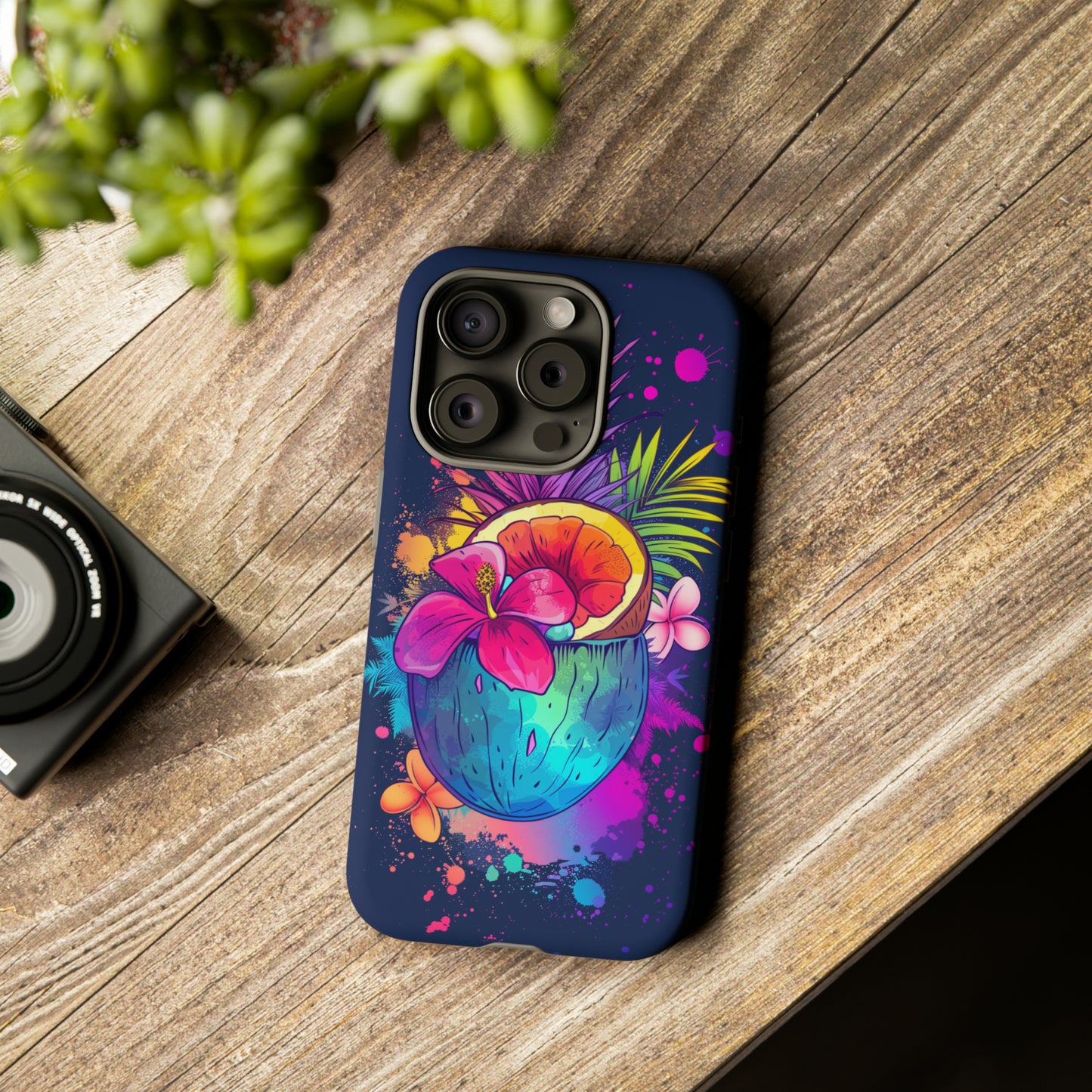 Coconut Dark Colorful Hawaiian Tropical Phone Case, Island Tropics, Wireless Compatible, Protective Cell Phone Case iPhone, Samsung, Pixel