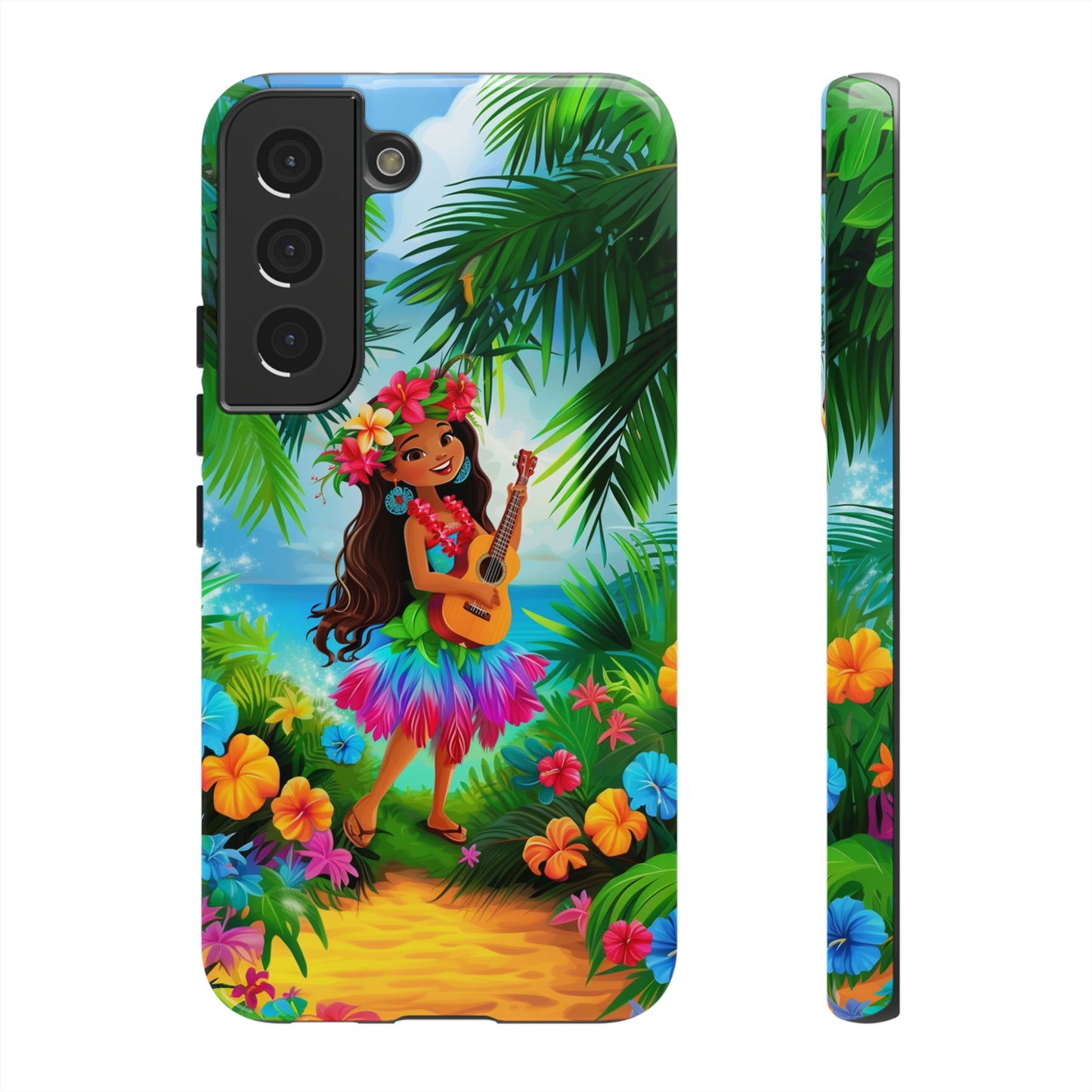 Hula Girl Ukulele Hawaiian Phone Case, Tropical, Hibiscus, Wireless Compatible, Protective Cell Phone Case for iPhone, Samsung, Pixel phones