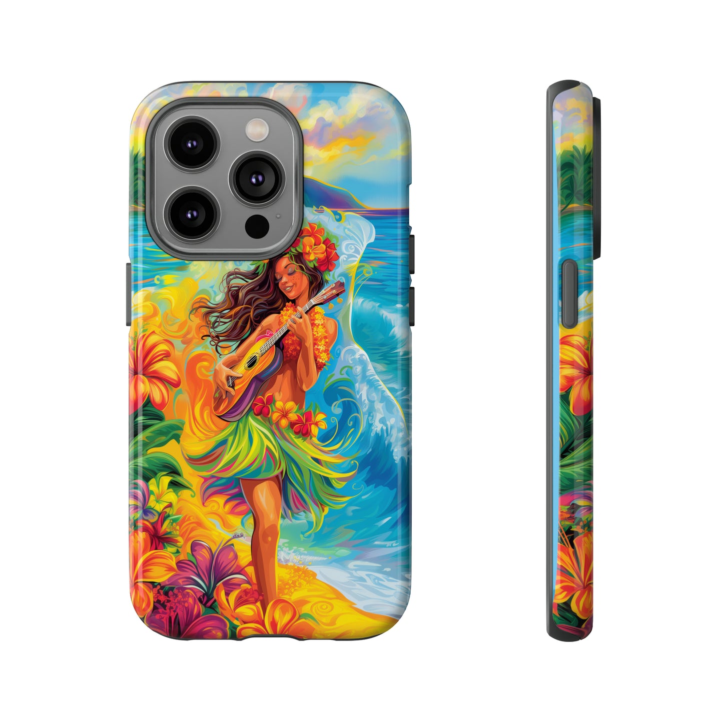 Ukulele Hula Girl Hawaiian Phone Case, Tropical, Hibiscus, Wireless Compatible, Protective Cell Phone Case for iPhone, Samsung, Pixel phones