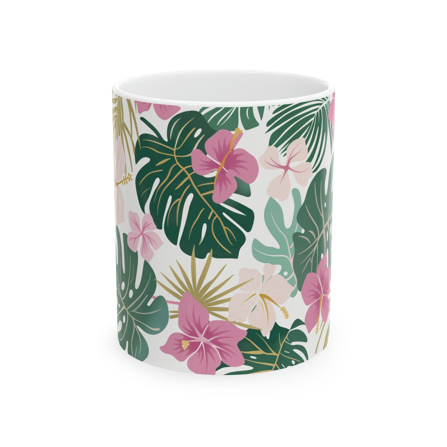 Hibiscus Pink Green Pattern Hawaiian Ceramic Mug 11oz, Hawaii Mug, HI Mug, Aloha Mug, 808 Mug, Island Mug, Tropical Mug, Coffee Mug