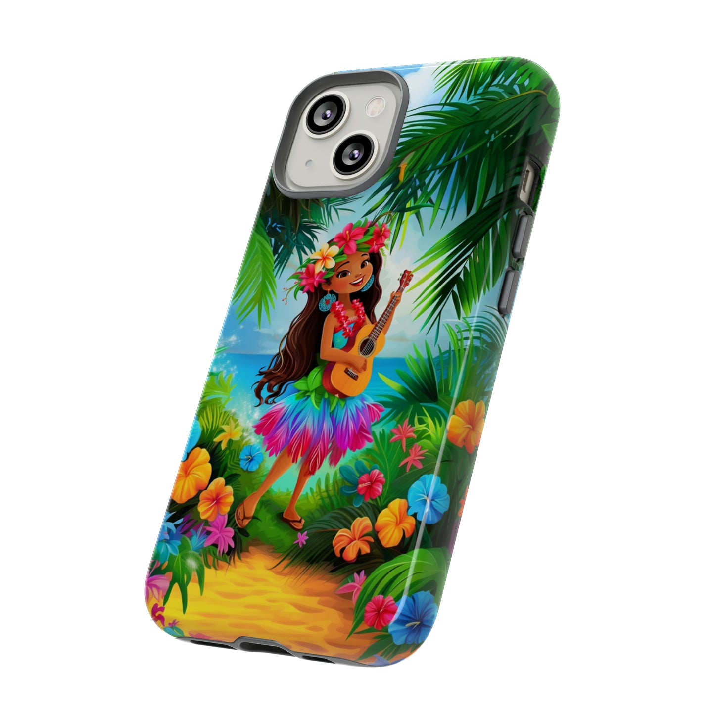 Hula Girl Ukulele Hawaiian Phone Case, Tropical, Hibiscus, Wireless Compatible, Protective Cell Phone Case for iPhone, Samsung, Pixel phones