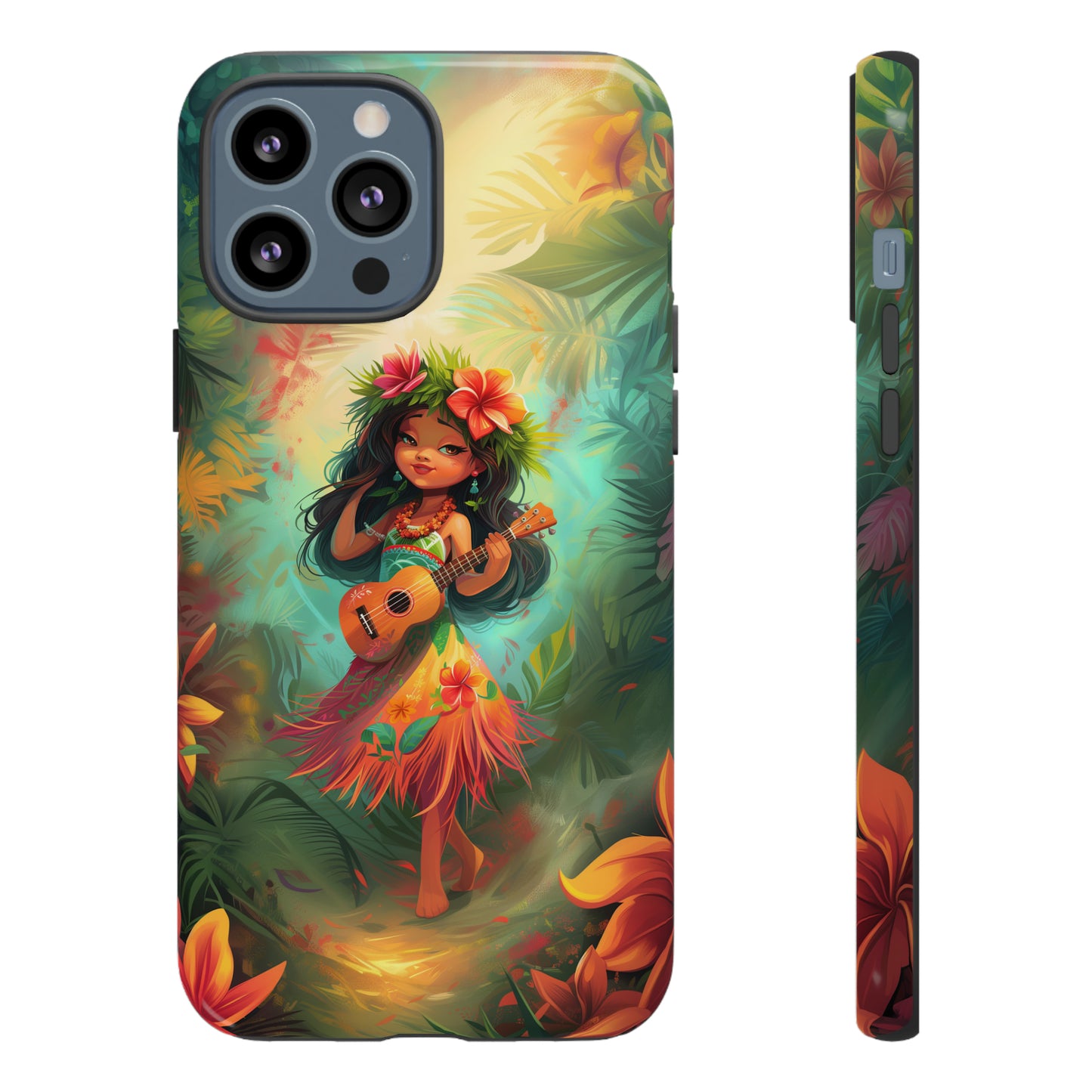 Cute Hula Girl Ukulele Hawaiian Phone Case, Tropical, Hibiscus, Wireless Compatible, Protective Cell Phone Case for iPhone, Samsung, Pixel