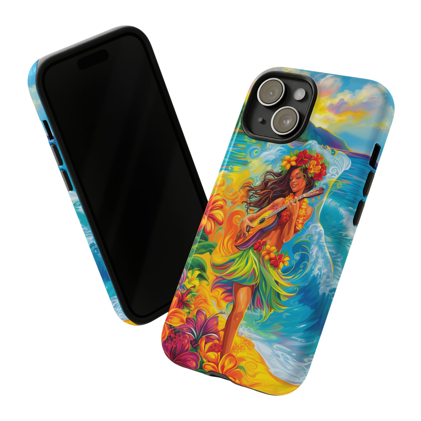 Ukulele Hula Girl Hawaiian Phone Case, Tropical, Hibiscus, Wireless Compatible, Protective Cell Phone Case for iPhone, Samsung, Pixel phones