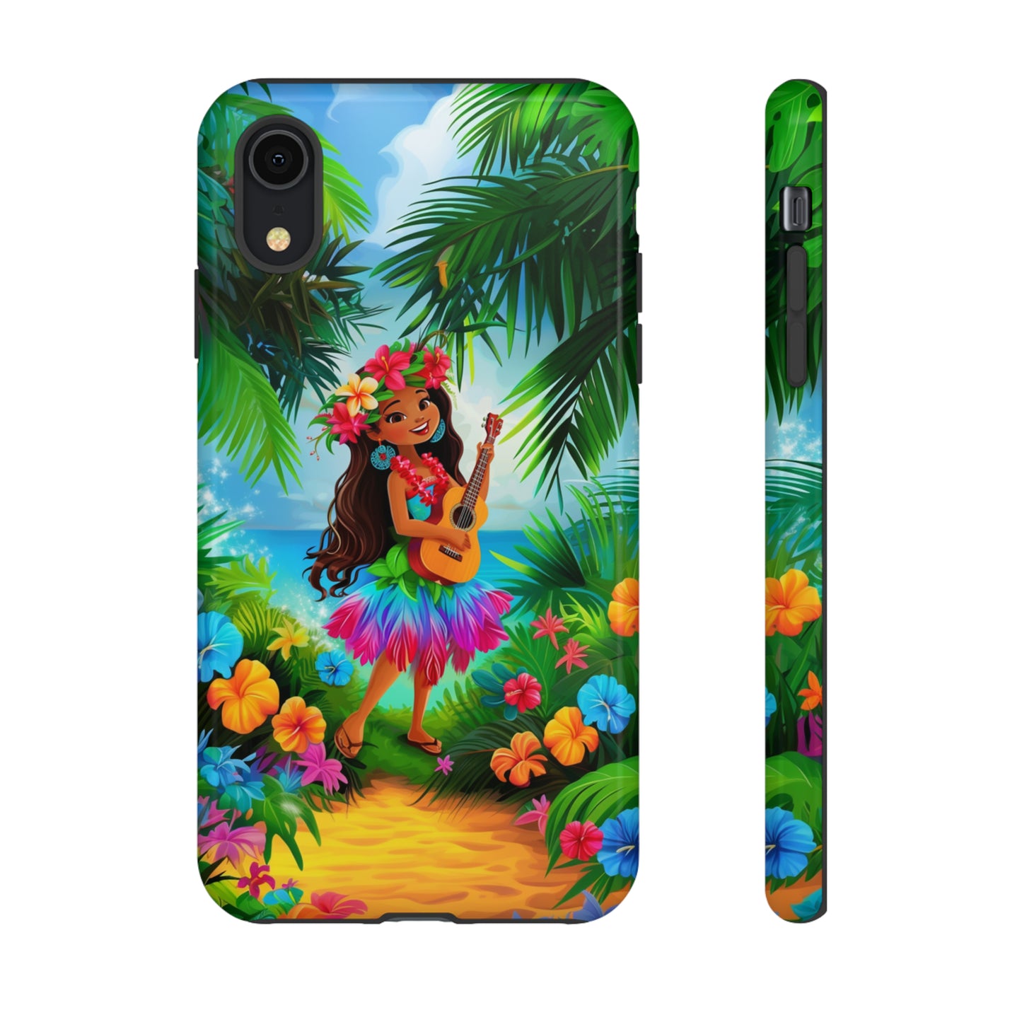 Hula Girl Ukulele Hawaiian Phone Case, Tropical, Hibiscus, Wireless Compatible, Protective Cell Phone Case for iPhone, Samsung, Pixel phones