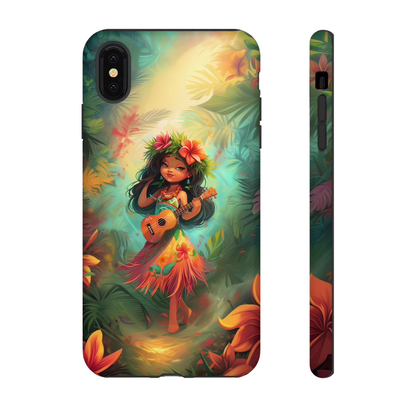 Cute Hula Girl Ukulele Hawaiian Phone Case, Tropical, Hibiscus, Wireless Compatible, Protective Cell Phone Case for iPhone, Samsung, Pixel