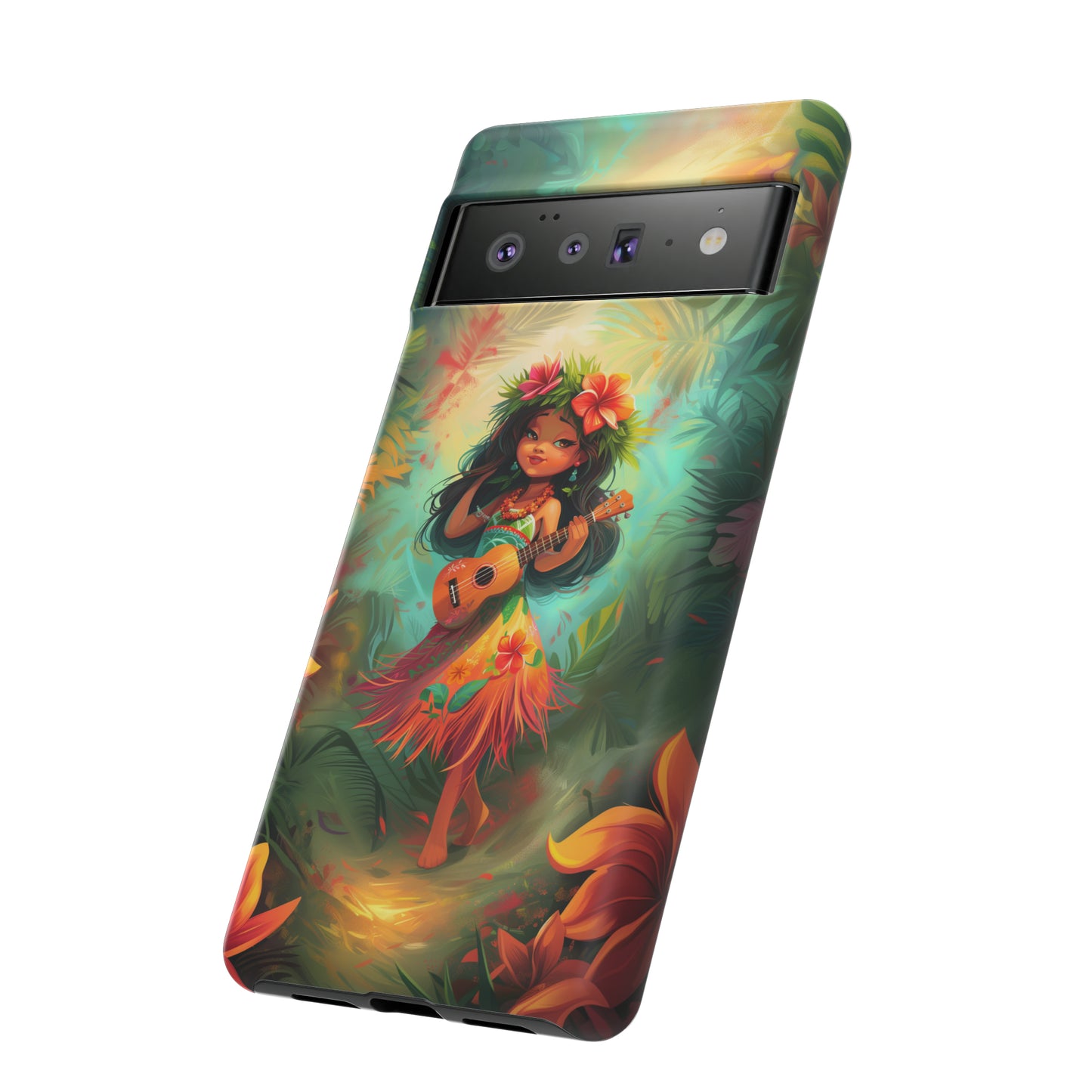 Cute Hula Girl Ukulele Hawaiian Phone Case, Tropical, Hibiscus, Wireless Compatible, Protective Cell Phone Case for iPhone, Samsung, Pixel