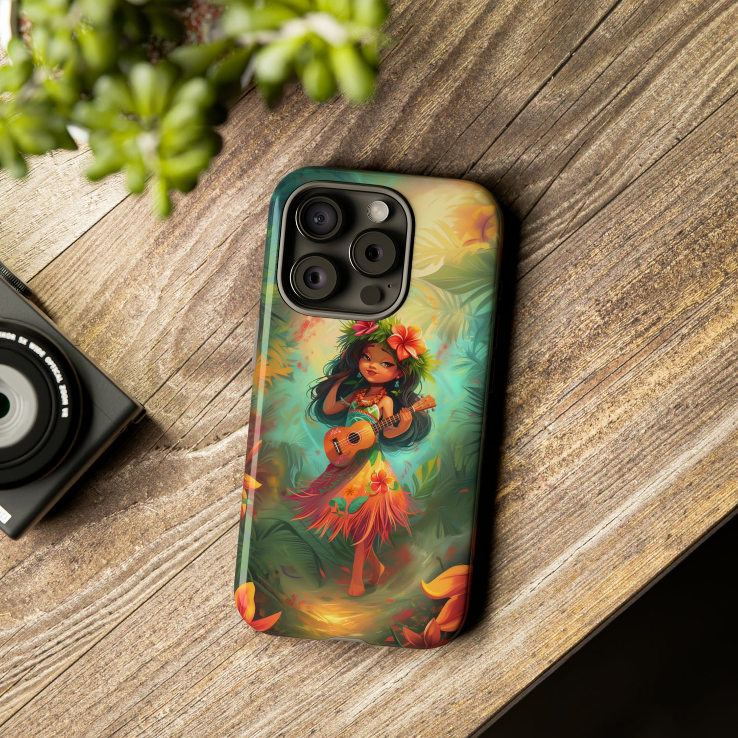 Cute Hula Girl Ukulele Hawaiian Phone Case, Tropical, Hibiscus, Wireless Compatible, Protective Cell Phone Case for iPhone, Samsung, Pixel