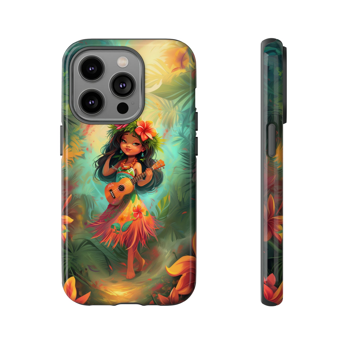 Cute Hula Girl Ukulele Hawaiian Phone Case, Tropical, Hibiscus, Wireless Compatible, Protective Cell Phone Case for iPhone, Samsung, Pixel