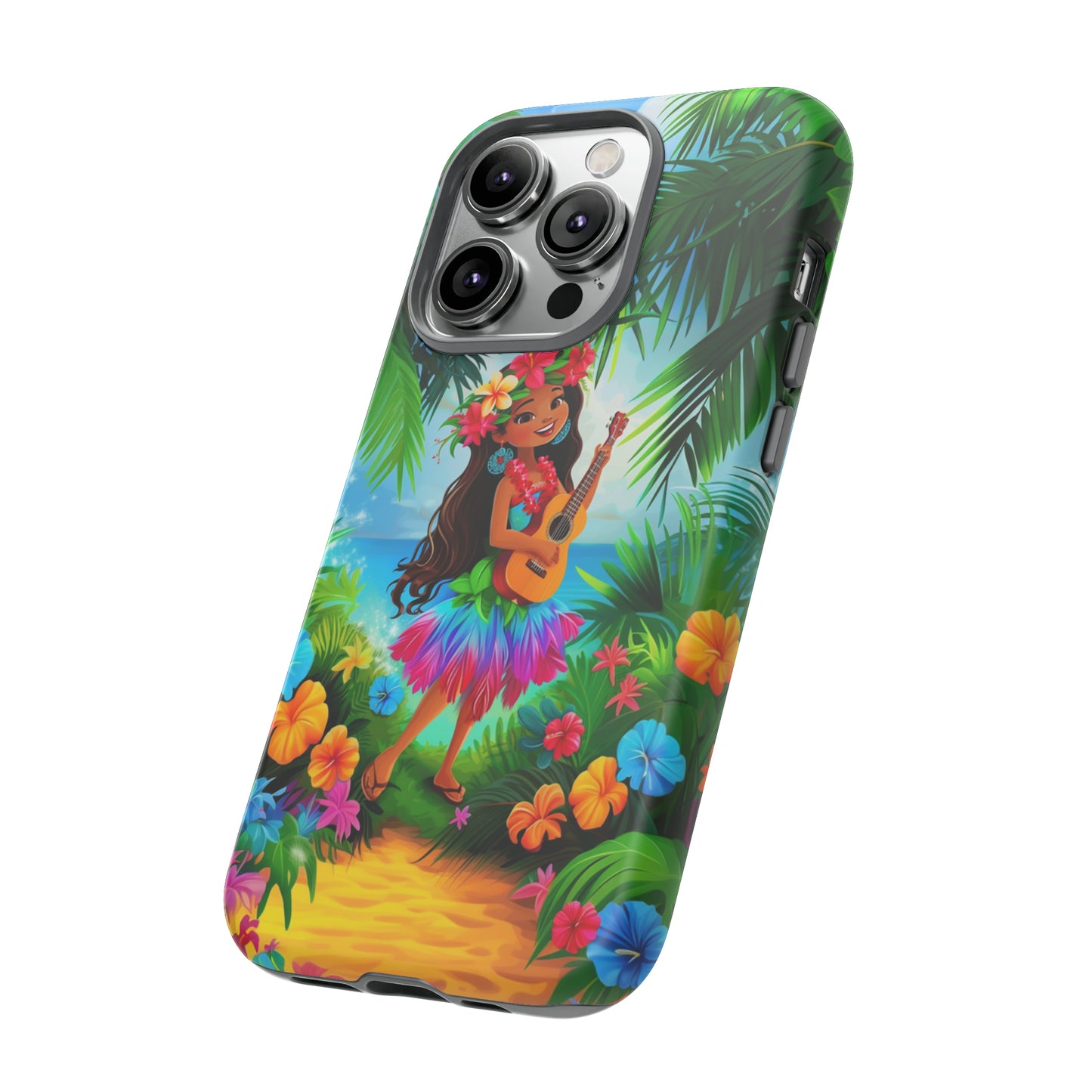 Hula Girl Ukulele Hawaiian Phone Case, Tropical, Hibiscus, Wireless Compatible, Protective Cell Phone Case for iPhone, Samsung, Pixel phones