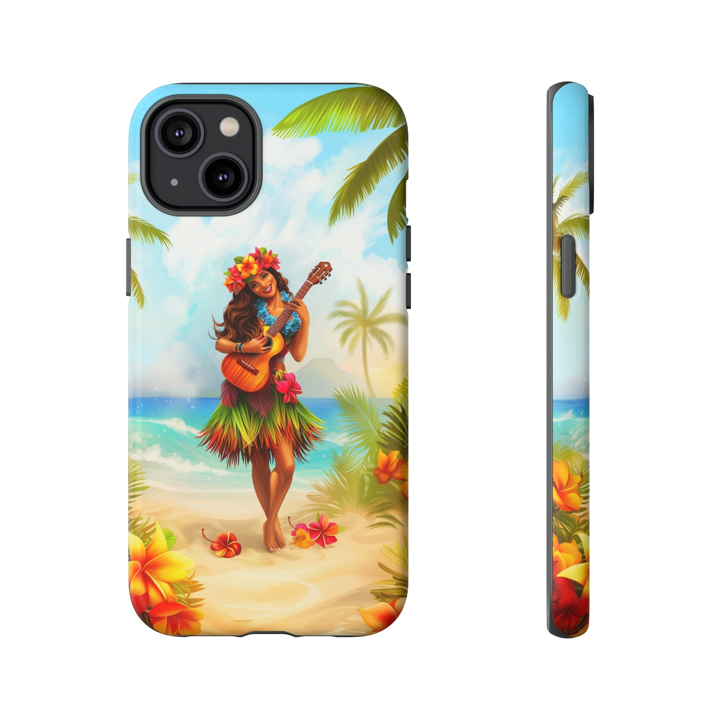 Hula Girl Guitar Hawaiian Phone Case, Tropical, Hibiscus, Wireless Compatible, Protective Cell Phone Case for iPhone, Samsung, Pixel phones