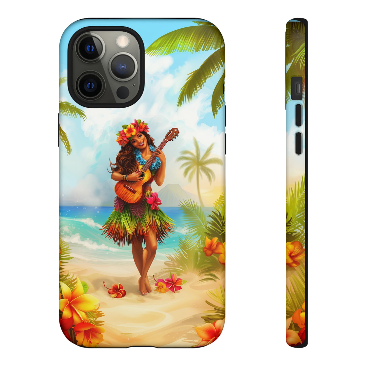 Hula Girl Guitar Hawaiian Phone Case, Tropical, Hibiscus, Wireless Compatible, Protective Cell Phone Case for iPhone, Samsung, Pixel phones
