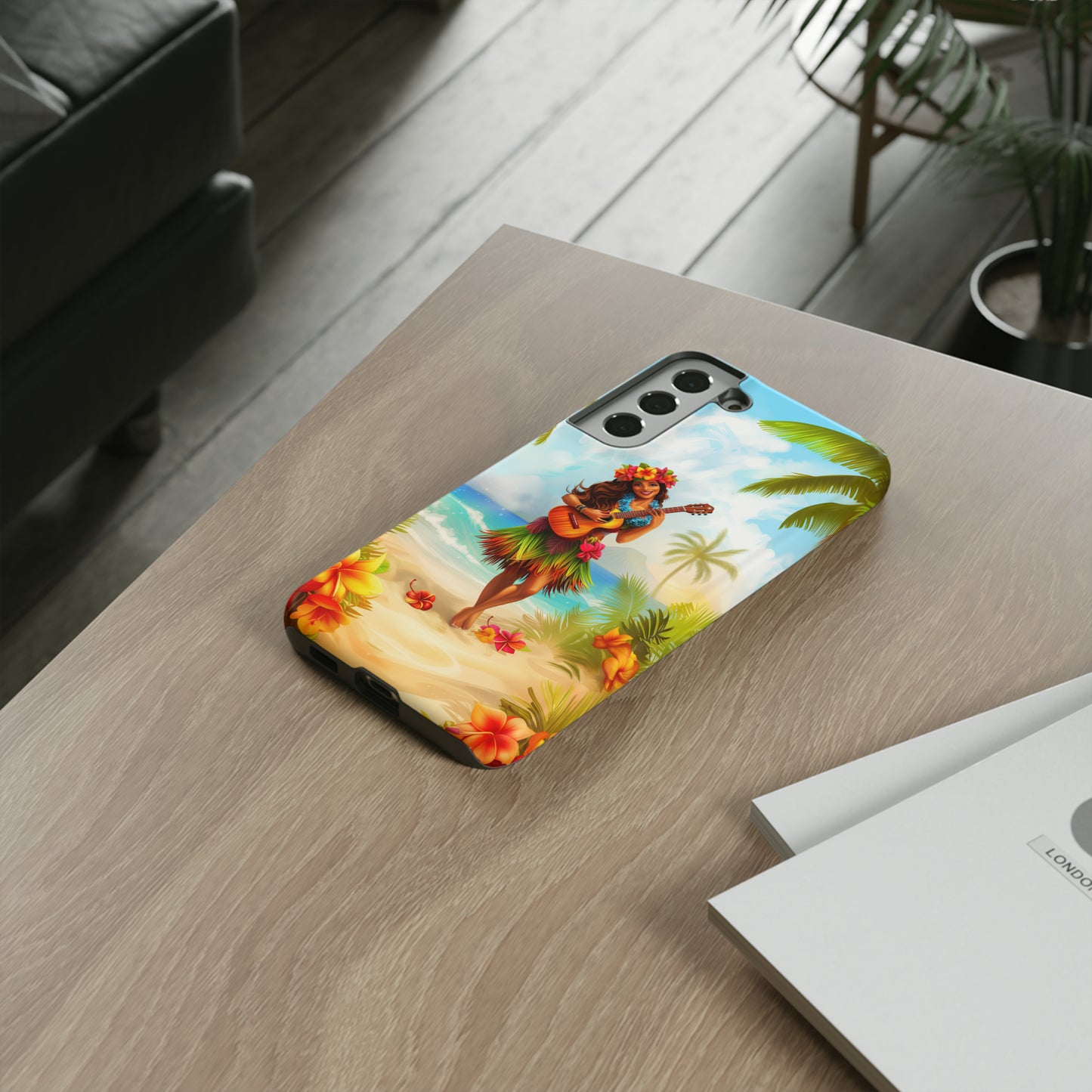 Hula Girl Guitar Hawaiian Phone Case, Tropical, Hibiscus, Wireless Compatible, Protective Cell Phone Case for iPhone, Samsung, Pixel phones