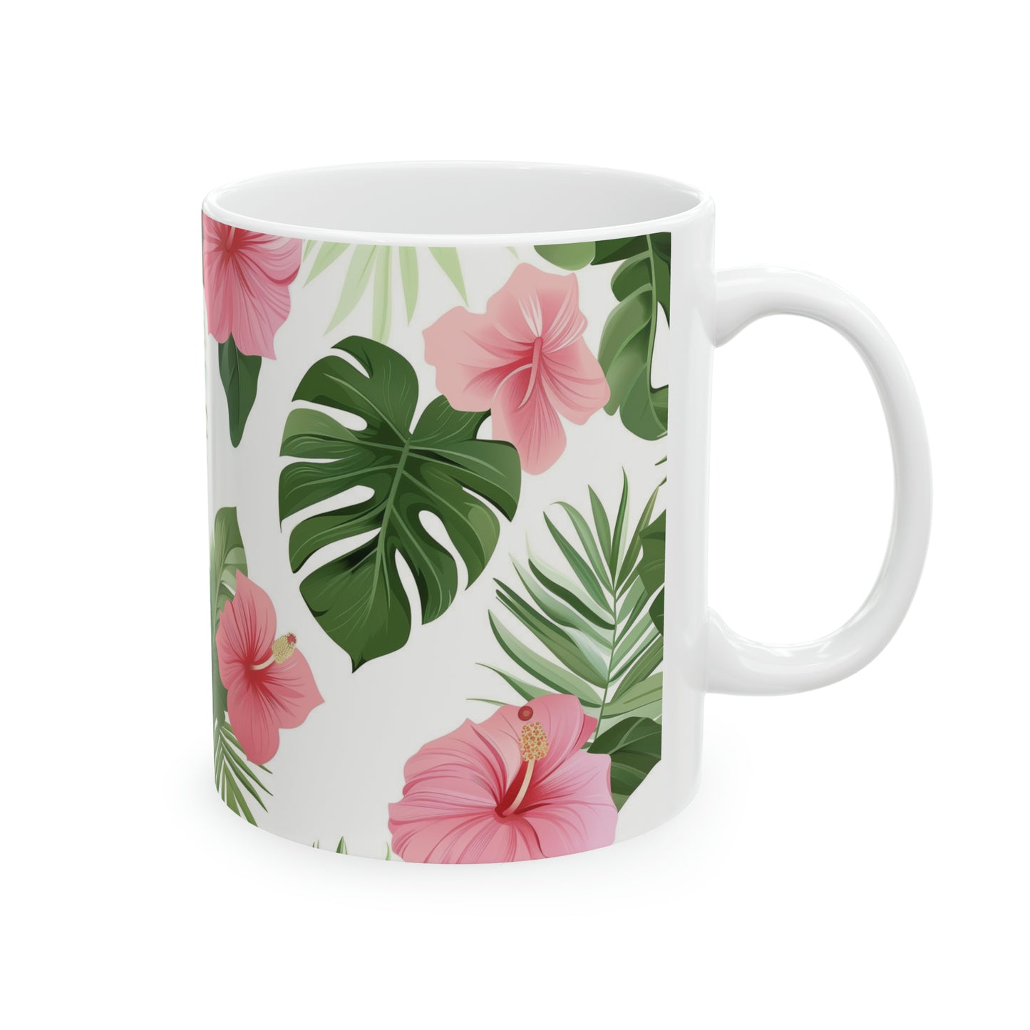 Hibiscus Pink Leaves Green Pattern Hawaiian Ceramic Mug 11oz, Hawaii Mug, HI Mug, Aloha Mug, 808 Mug, Island Mug, Tropical Mug, Coffee Mug