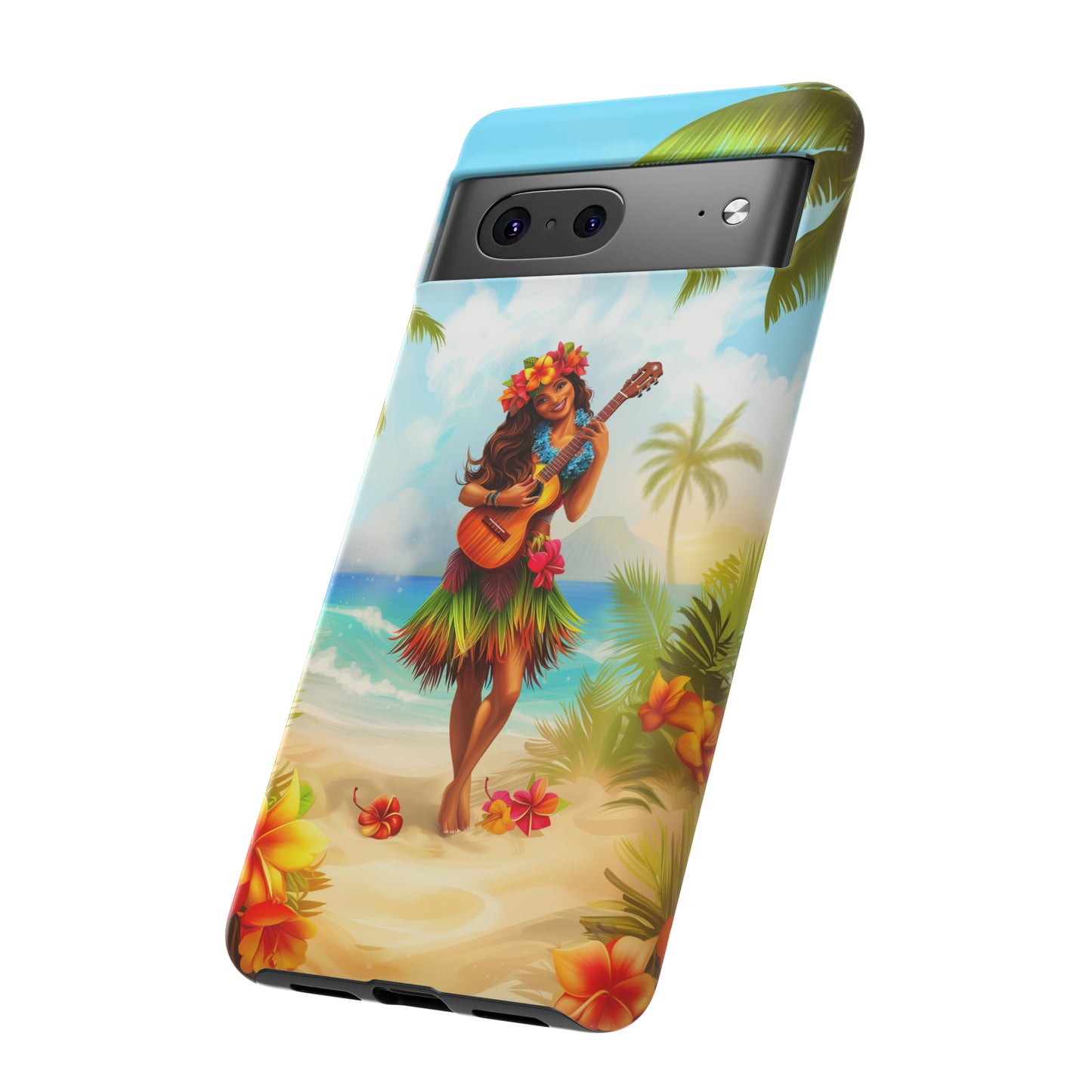 Hula Girl Guitar Hawaiian Phone Case, Tropical, Hibiscus, Wireless Compatible, Protective Cell Phone Case for iPhone, Samsung, Pixel phones