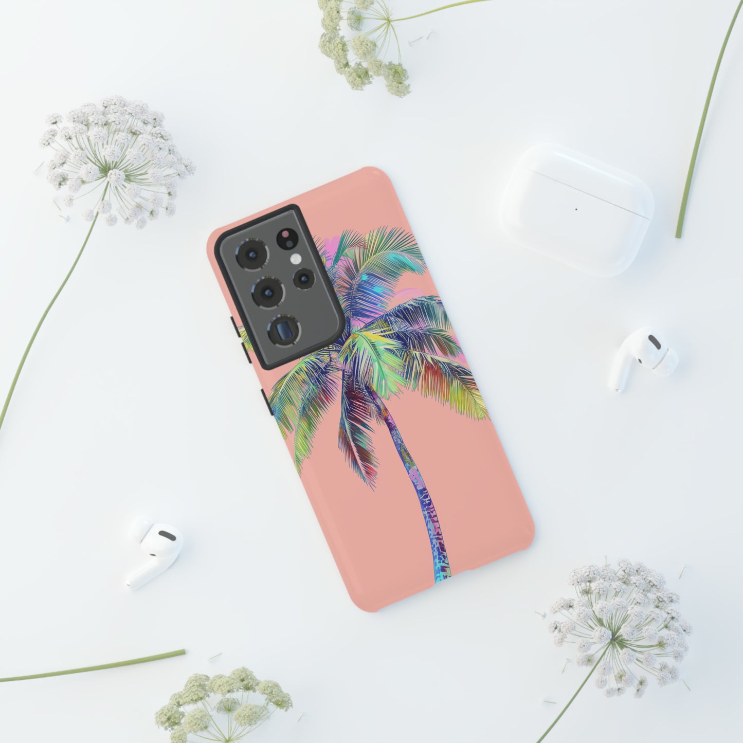 Pink Palm Tree Hawaiian Phone Case, Tropical, Hibiscus, Wireless Compatible, Protective Cell Phone Case for iPhone, Samsung, Pixel phones