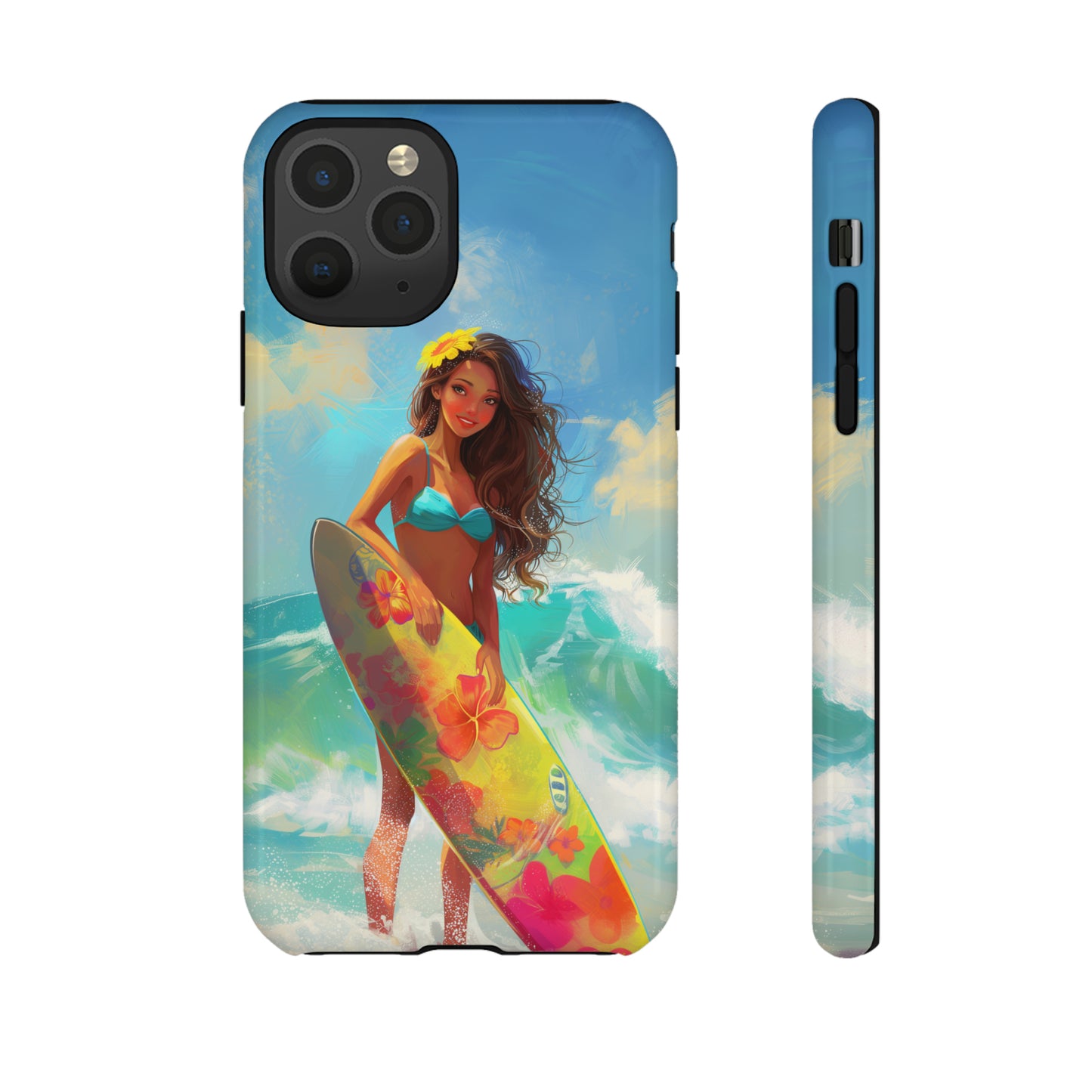 Surfer Girl Hawaiian Phone Case, Tropical, Hibiscus, Wireless Compatible, Protective Cell Phone Case for iPhone, Samsung, Pixel phones
