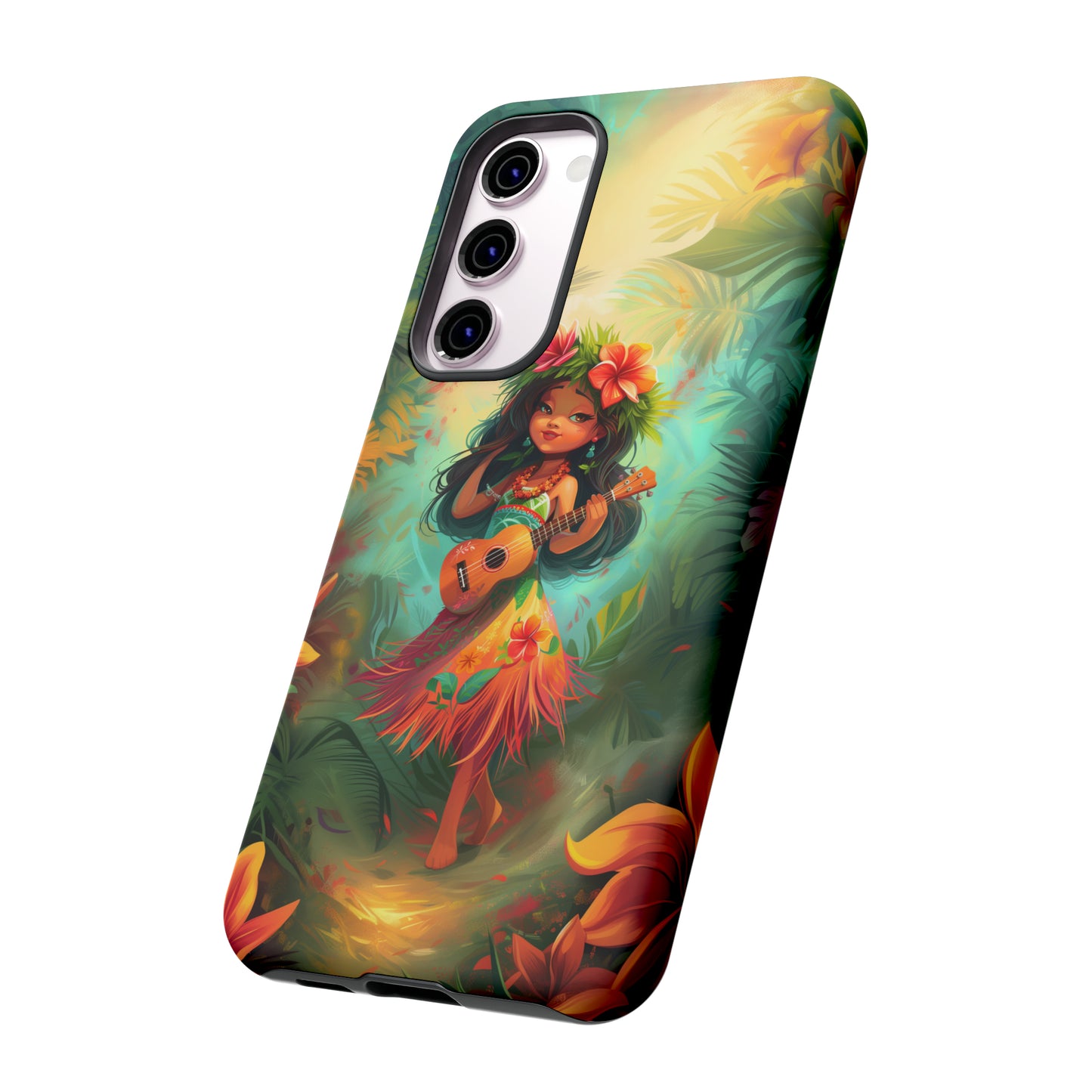 Cute Hula Girl Ukulele Hawaiian Phone Case, Tropical, Hibiscus, Wireless Compatible, Protective Cell Phone Case for iPhone, Samsung, Pixel