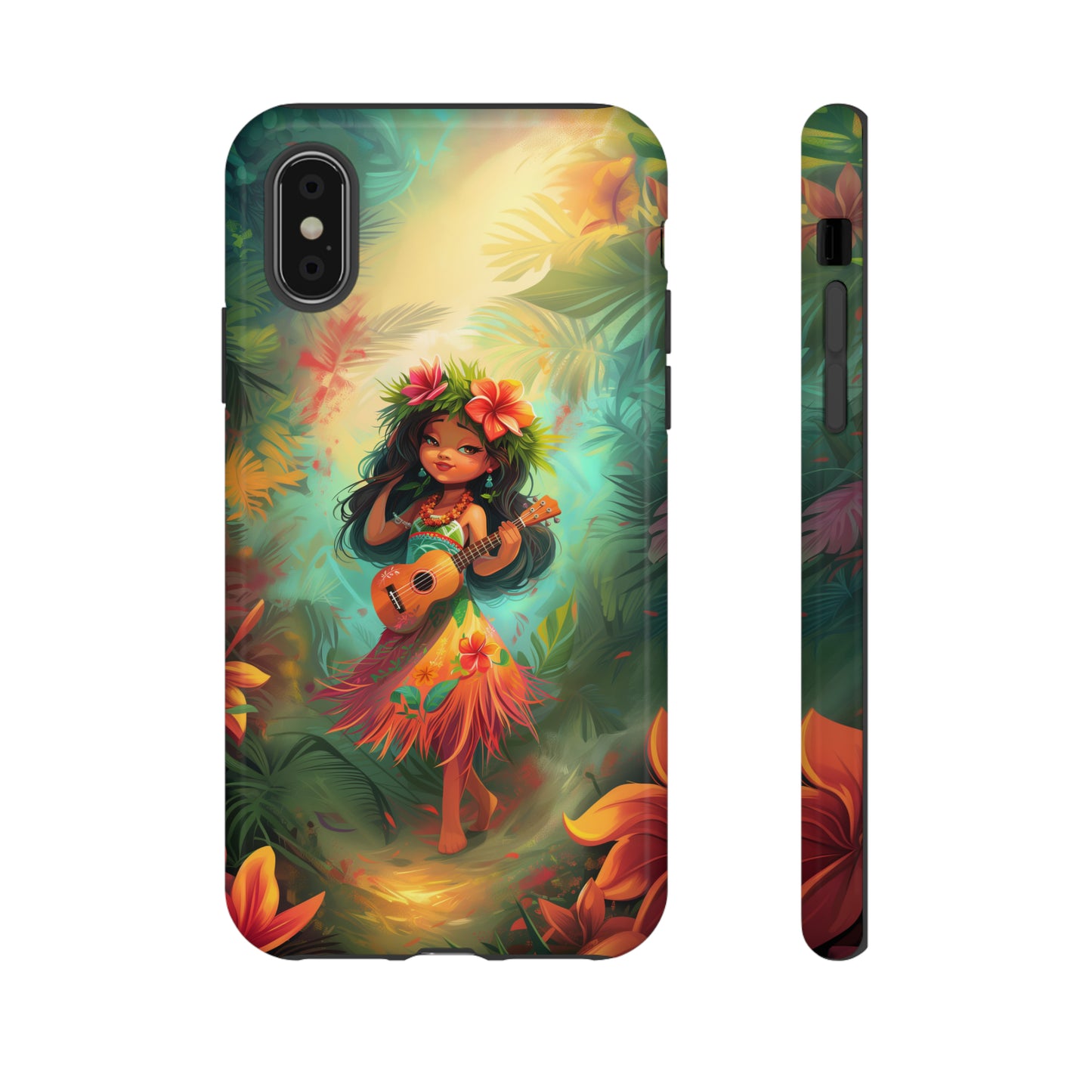 Cute Hula Girl Ukulele Hawaiian Phone Case, Tropical, Hibiscus, Wireless Compatible, Protective Cell Phone Case for iPhone, Samsung, Pixel