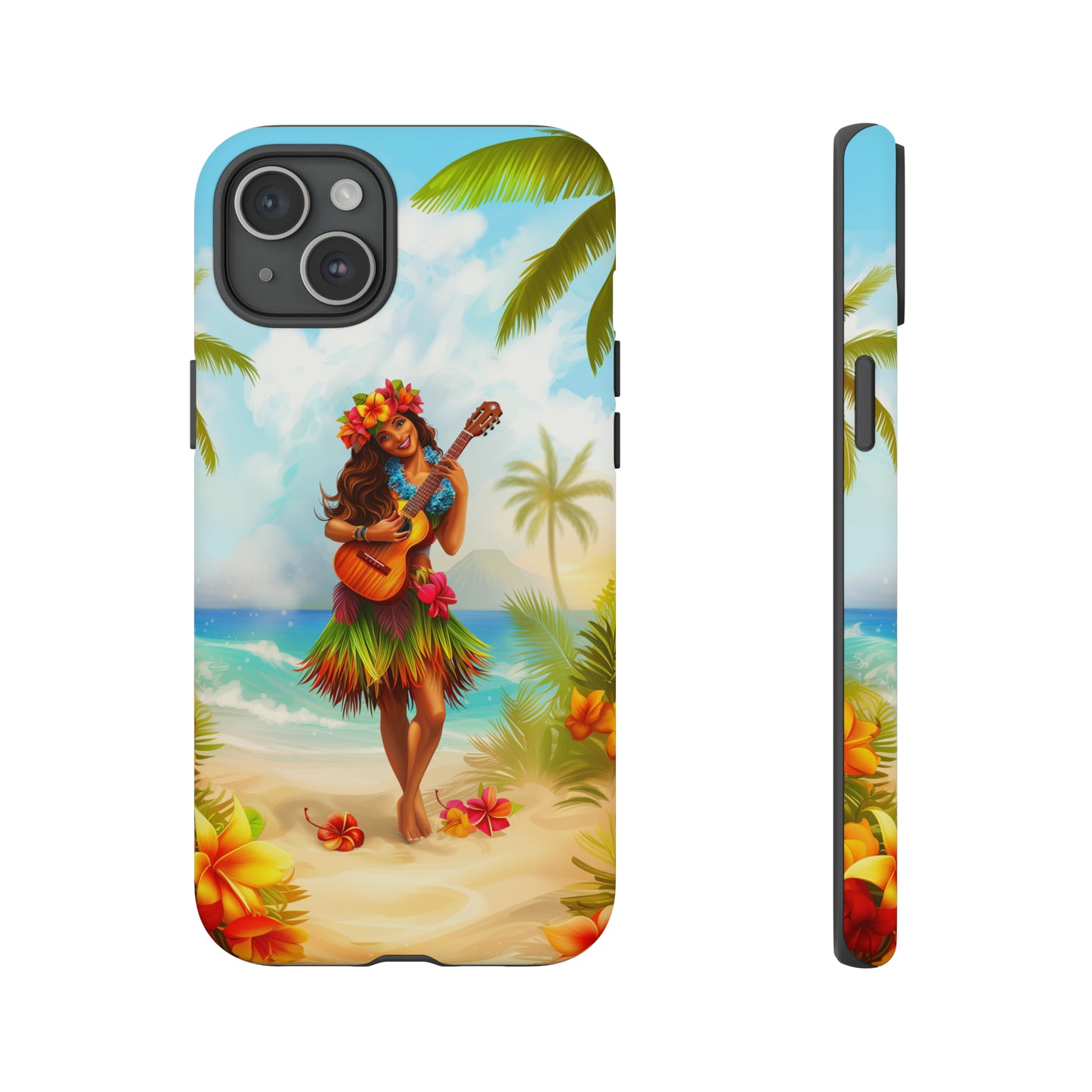 Hula Girl Guitar Hawaiian Phone Case, Tropical, Hibiscus, Wireless Compatible, Protective Cell Phone Case for iPhone, Samsung, Pixel phones