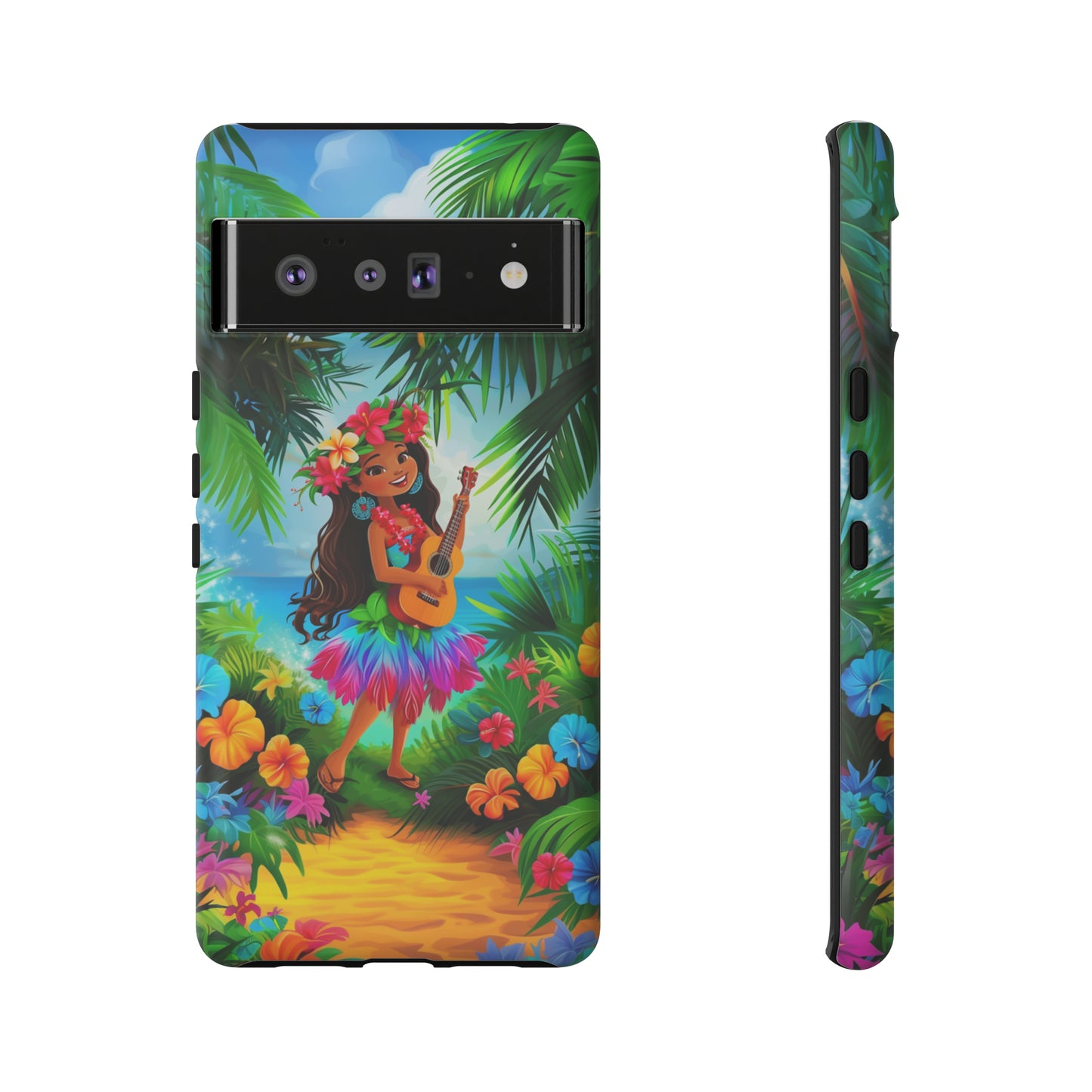 Hula Girl Ukulele Hawaiian Phone Case, Tropical, Hibiscus, Wireless Compatible, Protective Cell Phone Case for iPhone, Samsung, Pixel phones