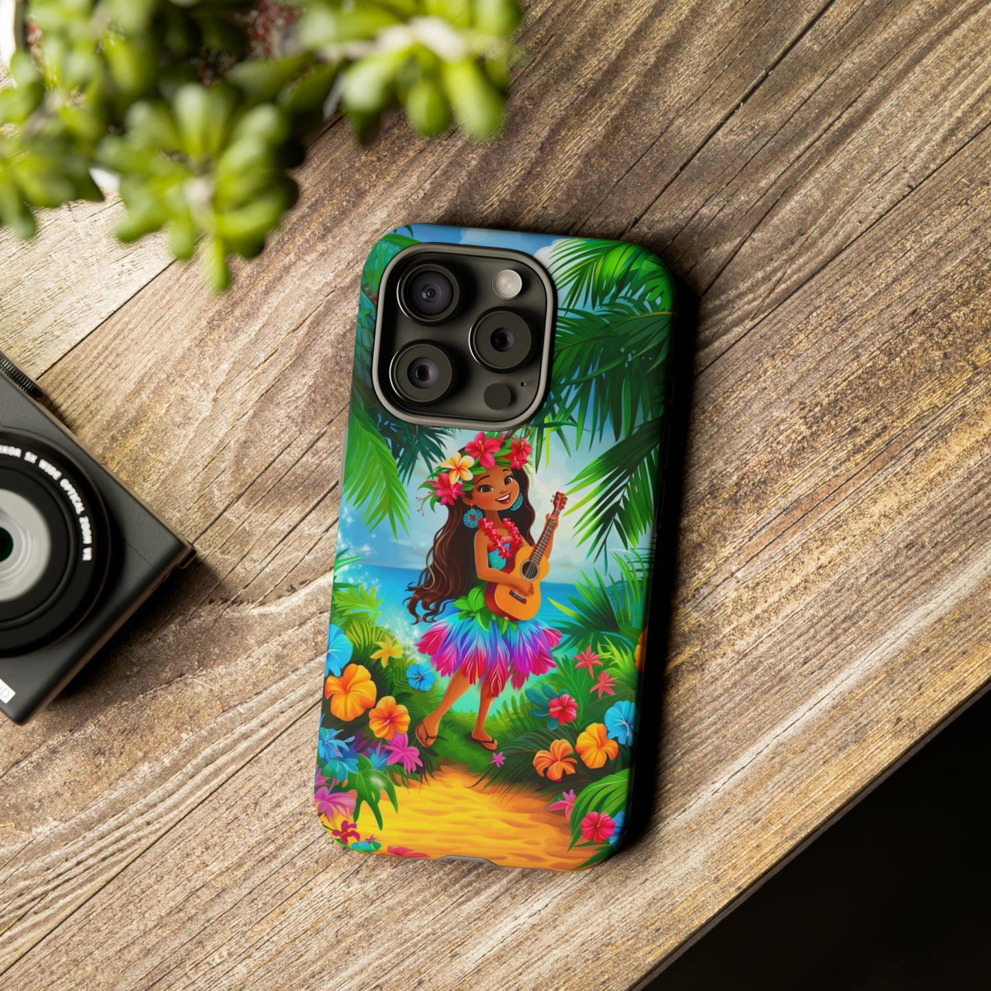 Hula Girl Ukulele Hawaiian Phone Case, Tropical, Hibiscus, Wireless Compatible, Protective Cell Phone Case for iPhone, Samsung, Pixel phones