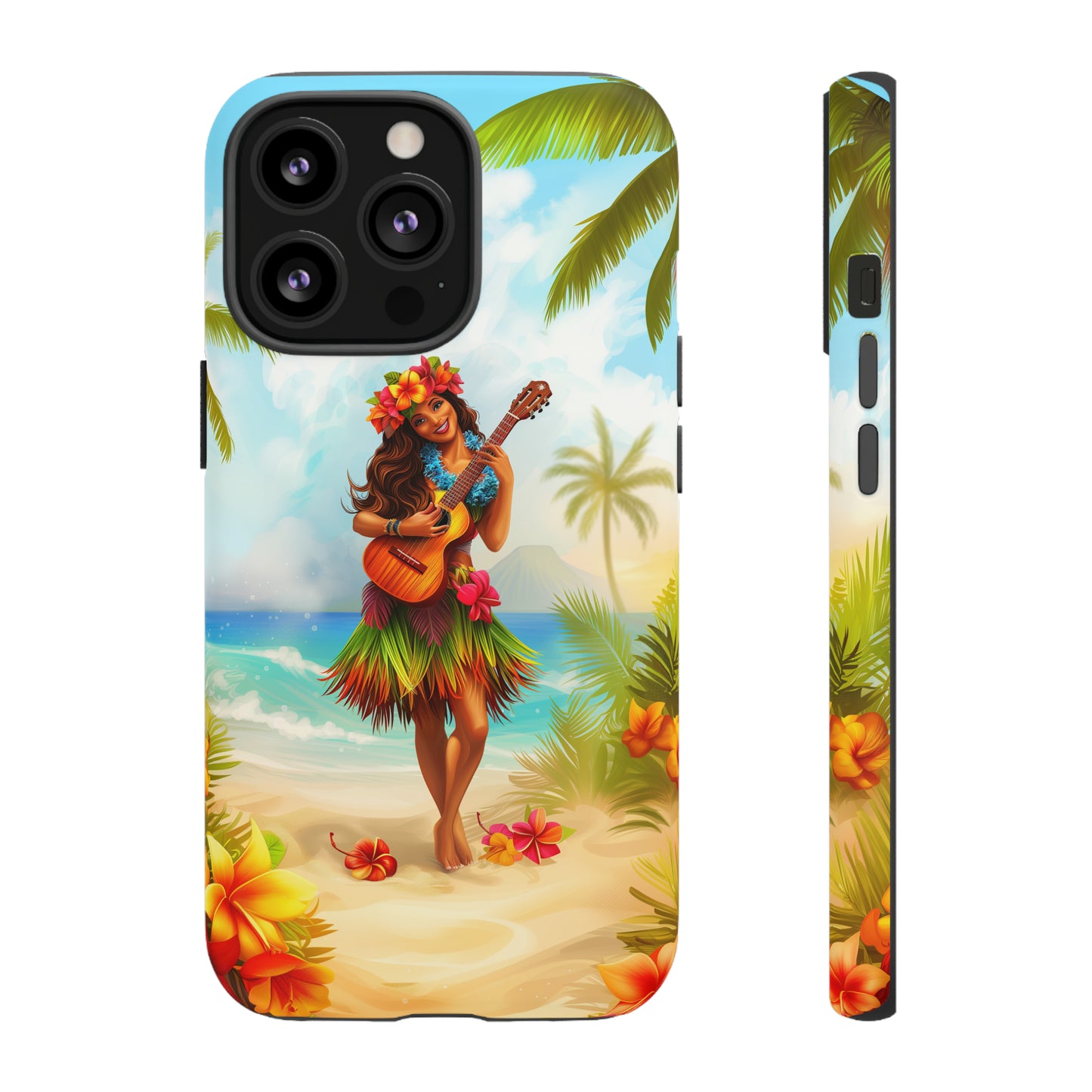 Hula Girl Guitar Hawaiian Phone Case, Tropical, Hibiscus, Wireless Compatible, Protective Cell Phone Case for iPhone, Samsung, Pixel phones