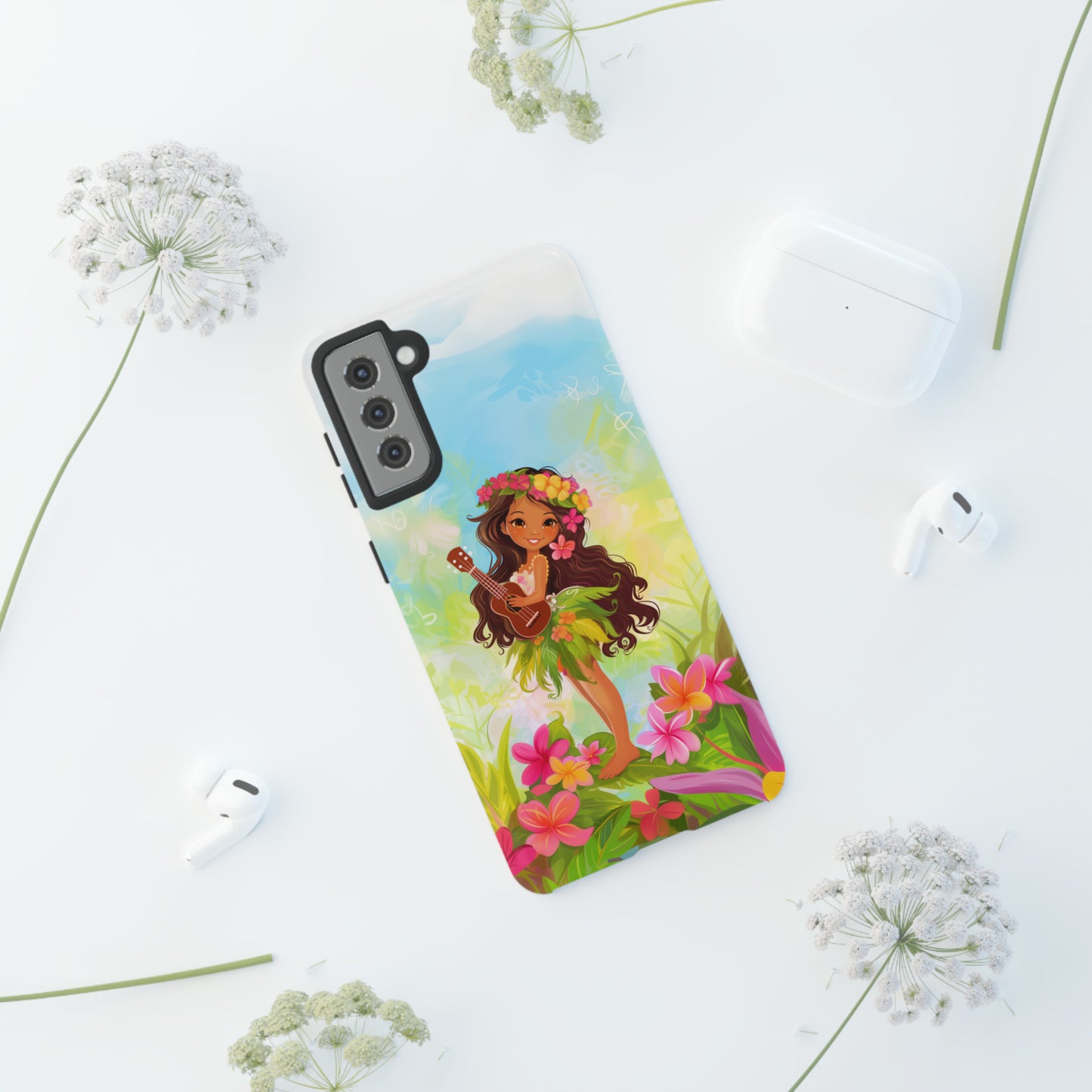 Cute Hula Girl Hawaiian Phone Case, Tropical, Hibiscus, Wireless Compatible, Protective Cell Phone Case for iPhone, Samsung, Pixel phones