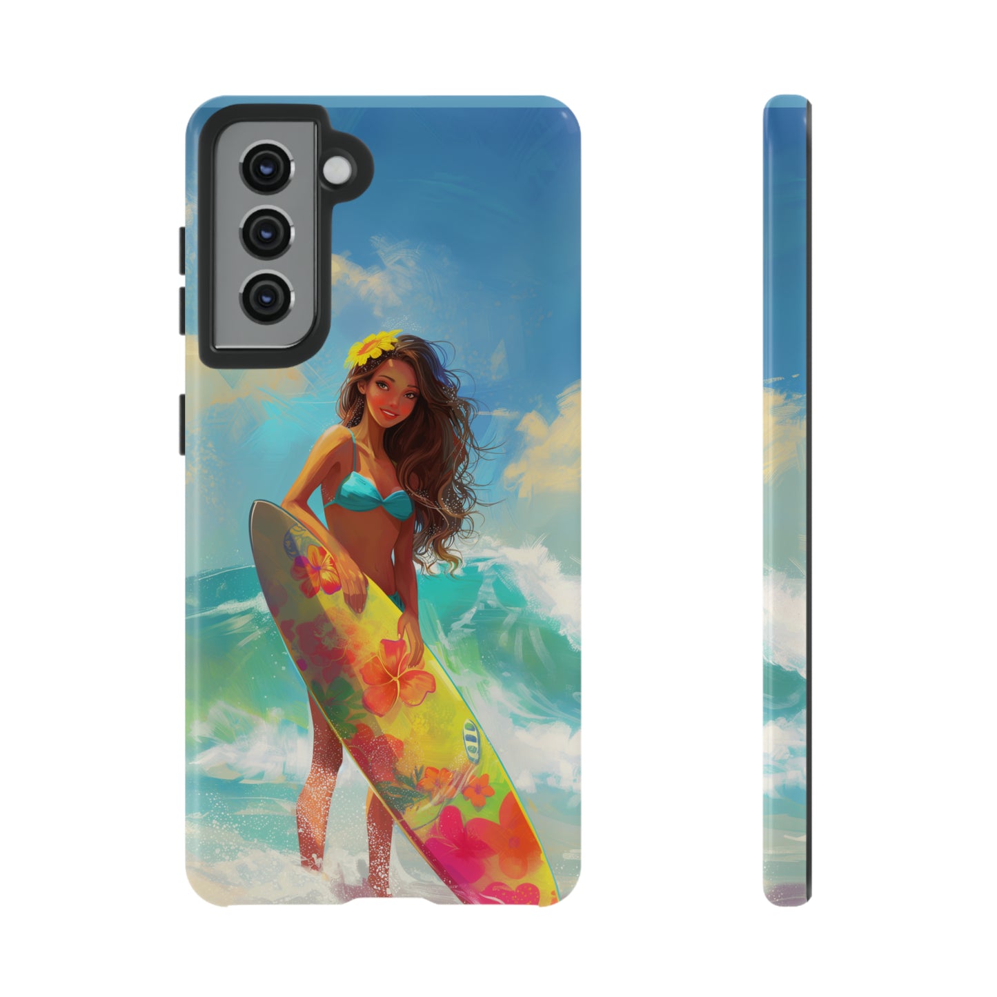 Surfer Girl Hawaiian Phone Case, Tropical, Hibiscus, Wireless Compatible, Protective Cell Phone Case for iPhone, Samsung, Pixel phones