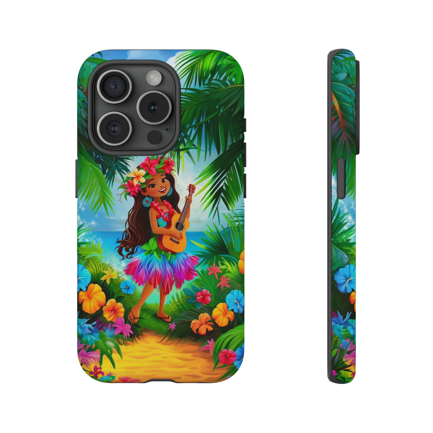 Hula Girl Ukulele Hawaiian Phone Case, Tropical, Hibiscus, Wireless Compatible, Protective Cell Phone Case for iPhone, Samsung, Pixel phones